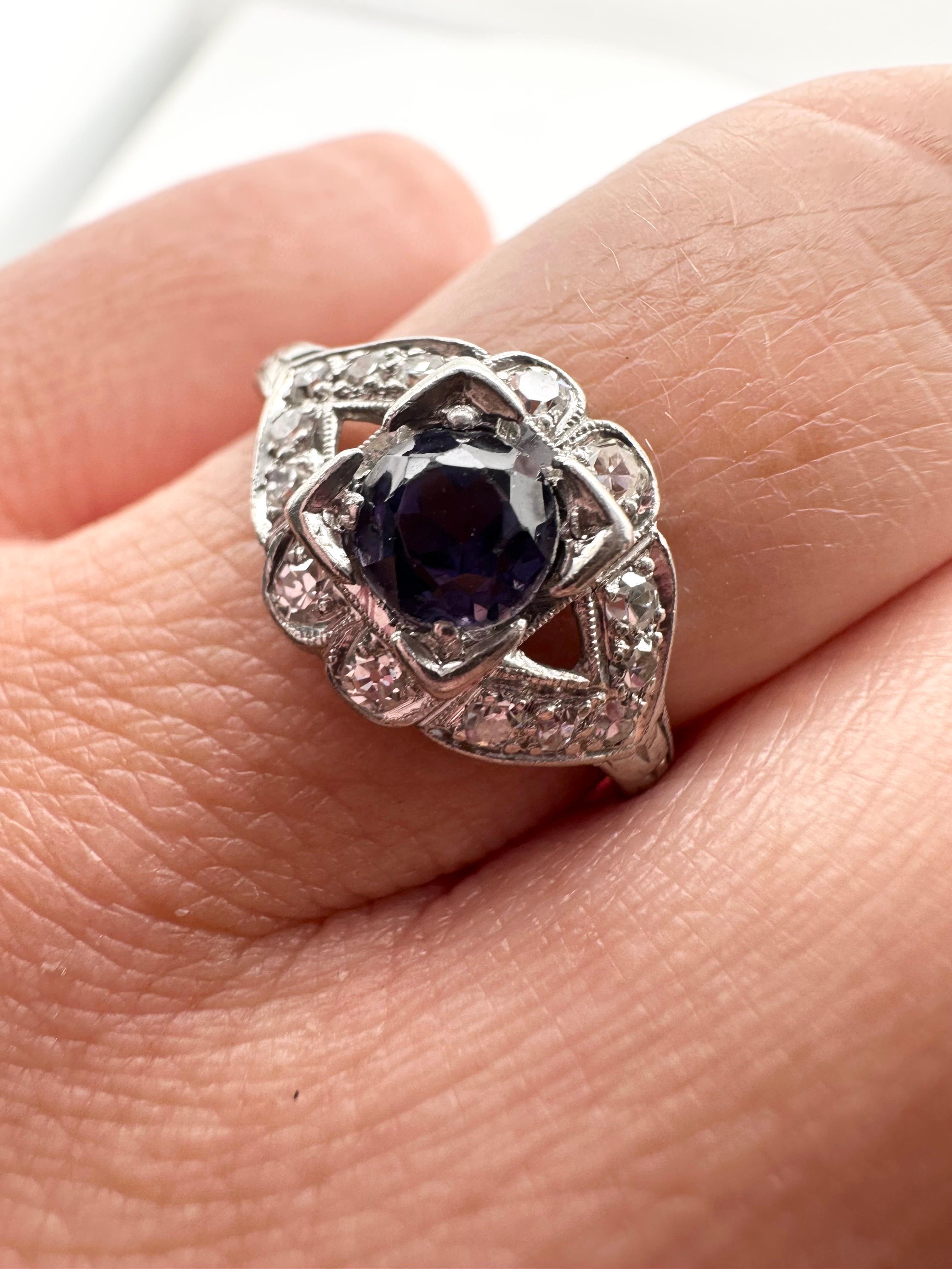 Tanzanite engagement ring in platinum with diamonds, beautiful vintage ring with antique diamonds, made in size 7.25 but can be adjusted to a different size. Very feminine ring with classical feel made in platinum!

Metal Type: platinum
Gram