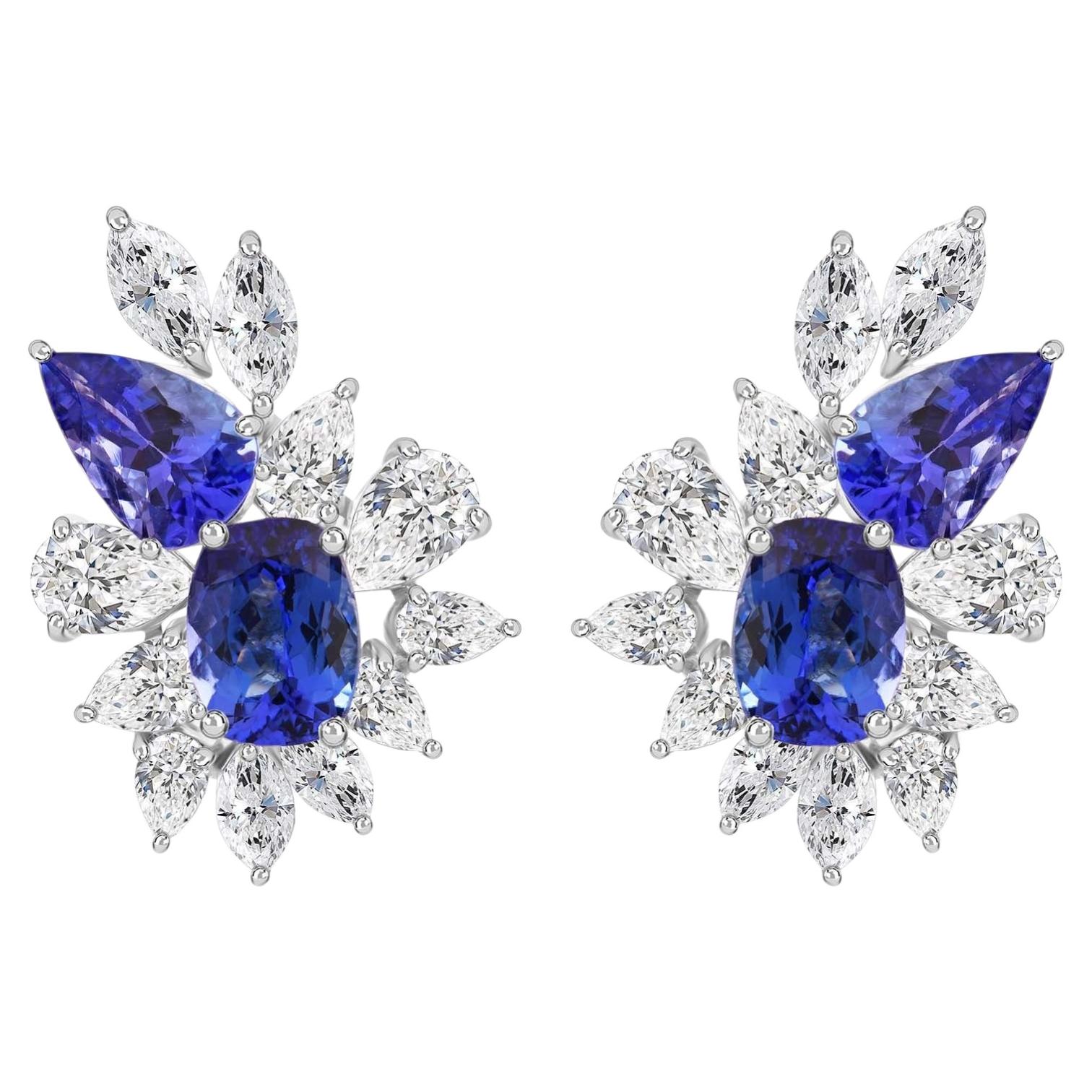 Natural Tanzanite Diamond Floral Cluster Statement Earrings in 18K White Gold