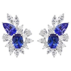Natürliche Tansanit-Diamant-Blumen-Cluster-Ohrringe aus 18 Karat Weißgold