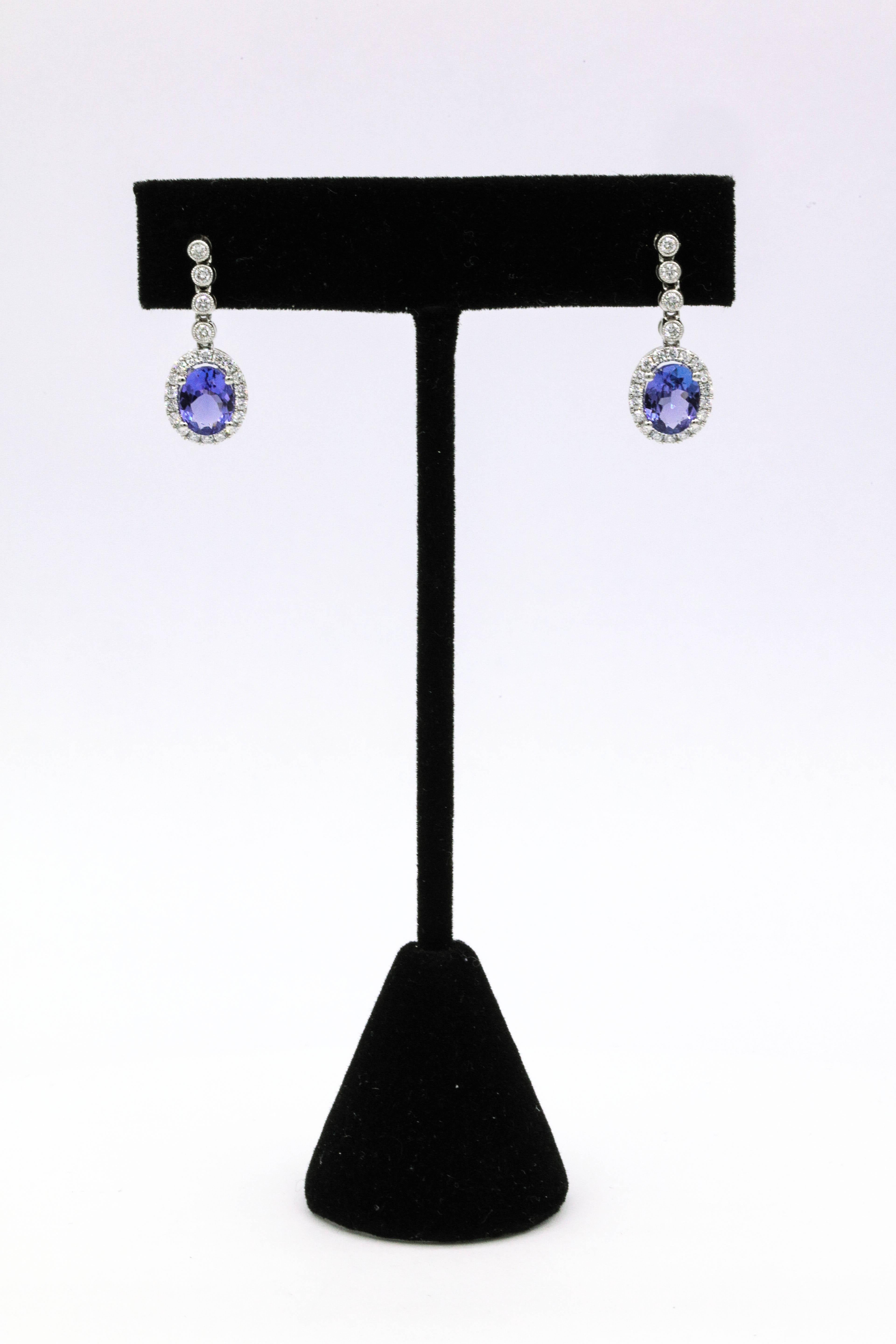 Contemporary Tanzanite Diamond Halo Drop Earrings 3.15 Carat 18 Karat White Gold