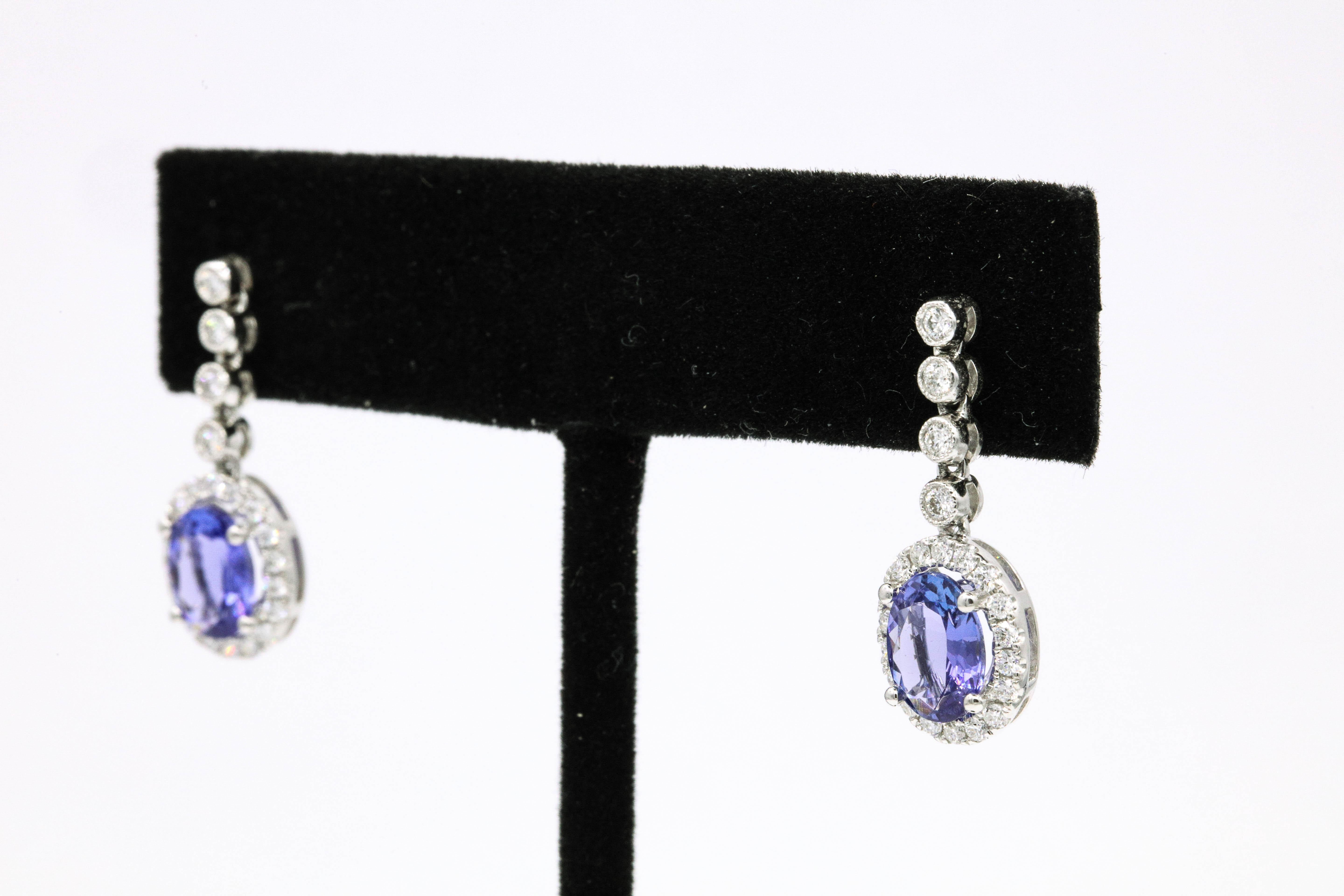 Tanzanite Diamond Halo Drop Earrings 3.15 Carat 18 Karat White Gold In New Condition In New York, NY