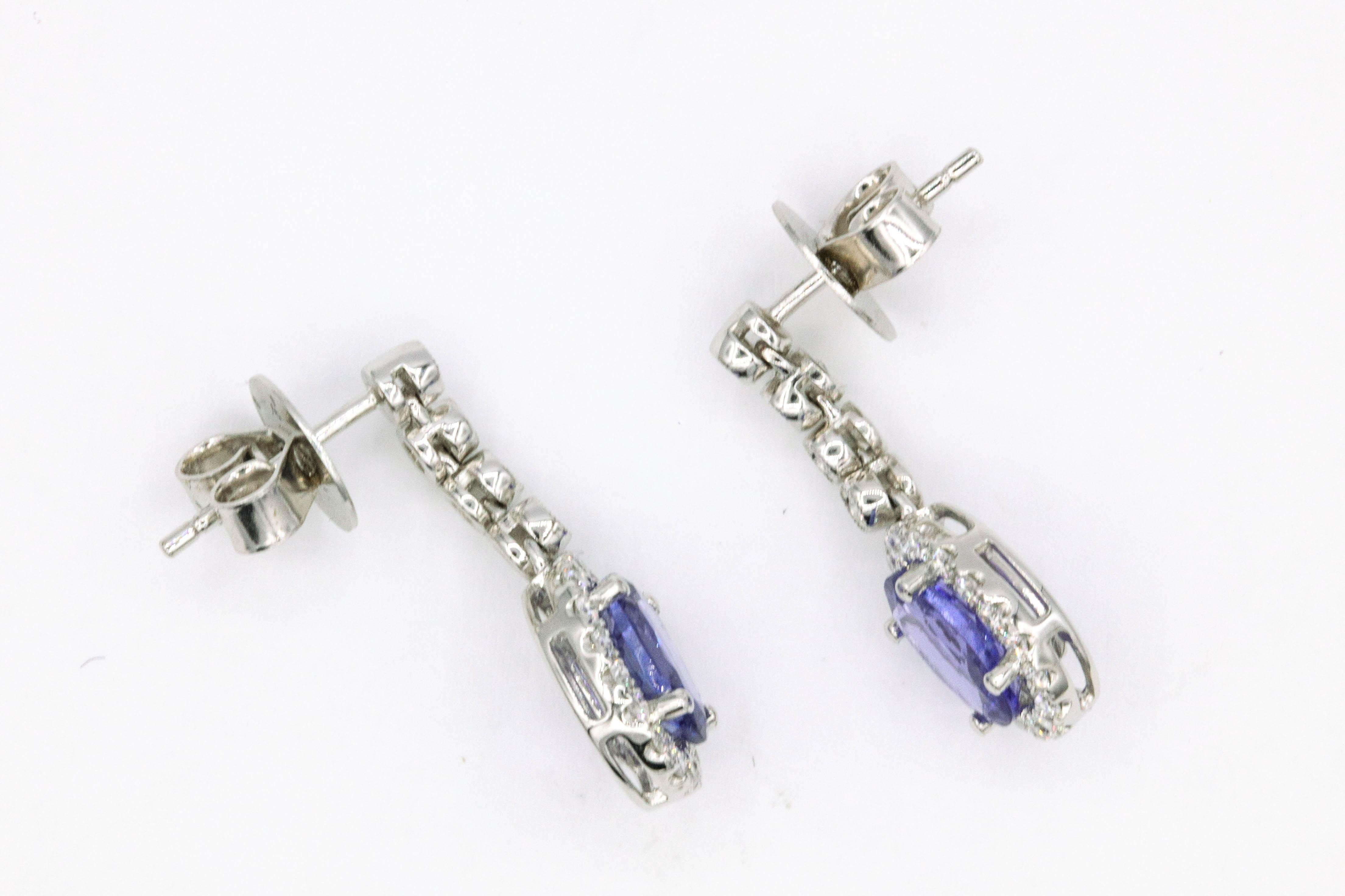 Tanzanite Diamond Halo Drop Earrings 3.15 Carat 18 Karat White Gold 1