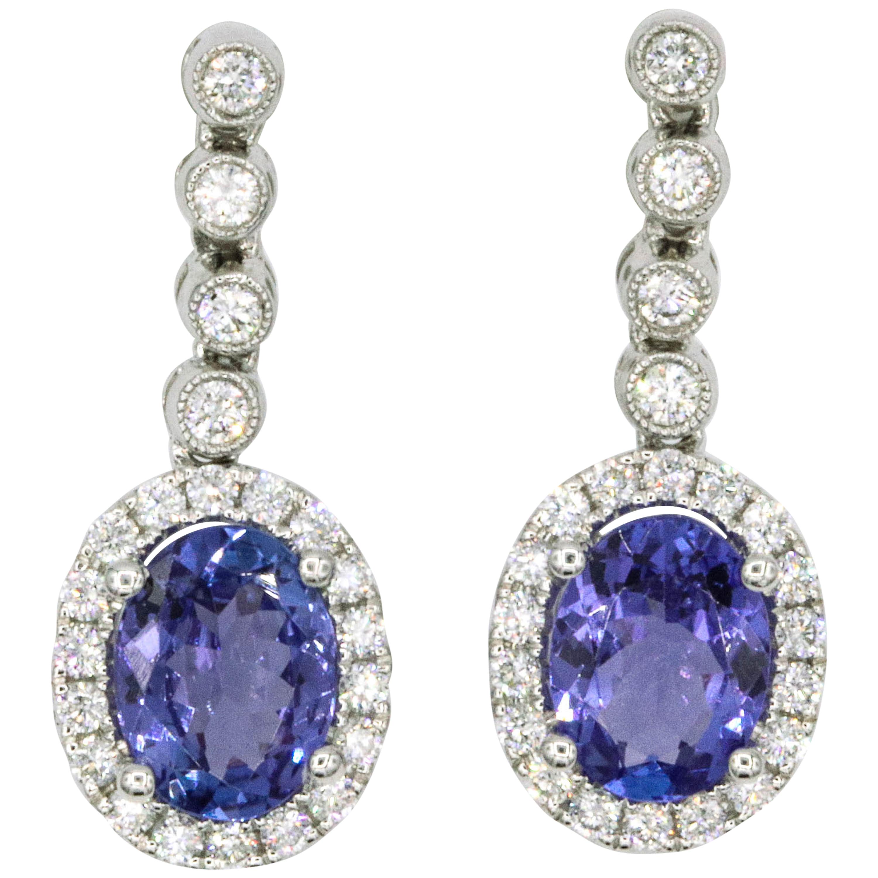 Tanzanite Diamond Halo Drop Earrings 3.15 Carat 18 Karat White Gold