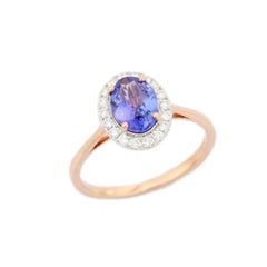 Tanzanite Diamond Halo Engagement Ring Gift for Her in 18k Solid Rose Gold