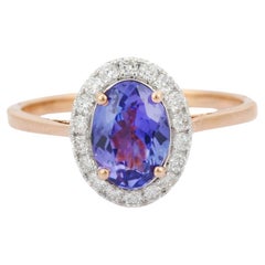 Anello di fidanzamento aureolato con tanzanite e diamanti, regalo per lei in oro rosa massiccio 18k