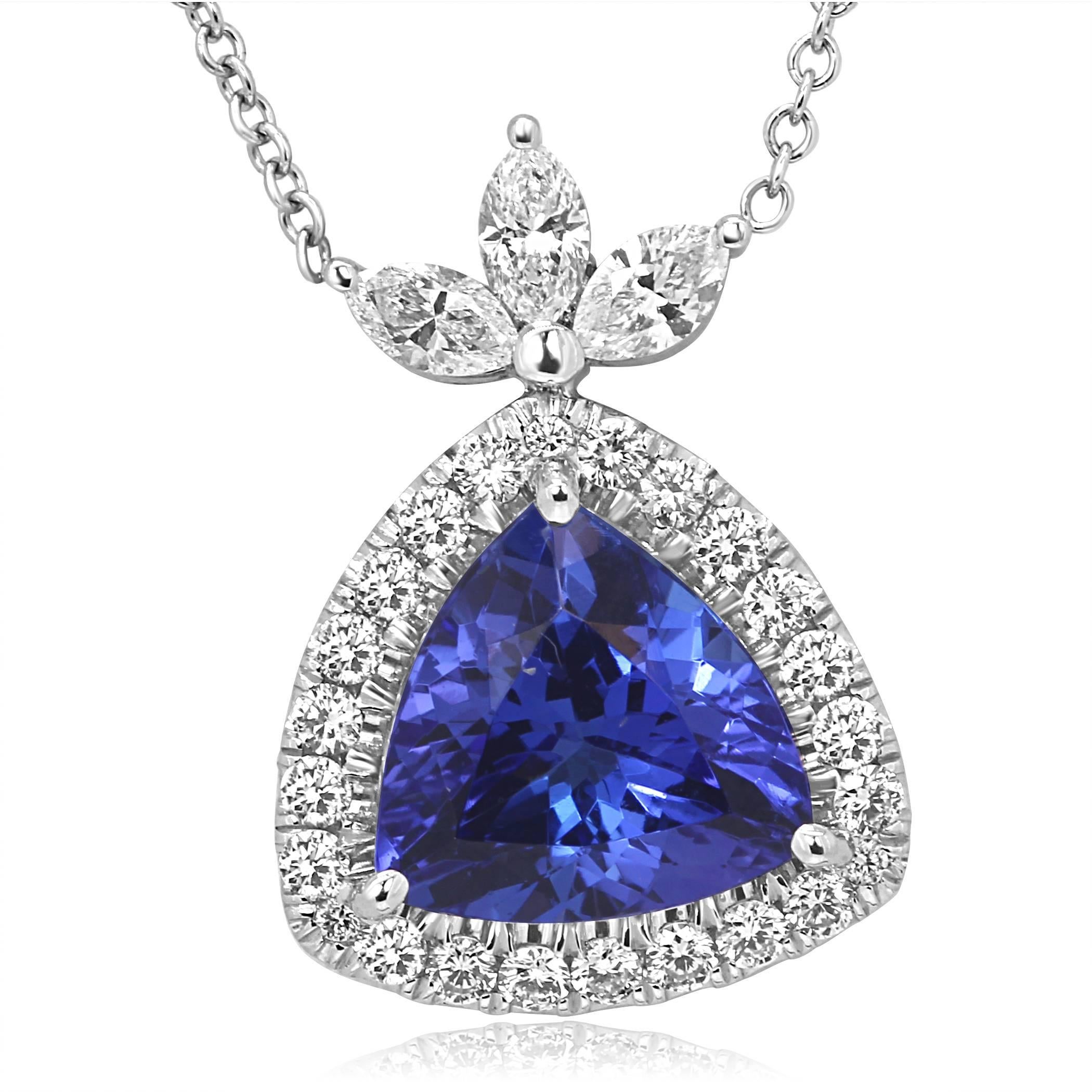 Contemporary Tanzanite Diamond Halo Gold Drop Pendant Chain Necklace