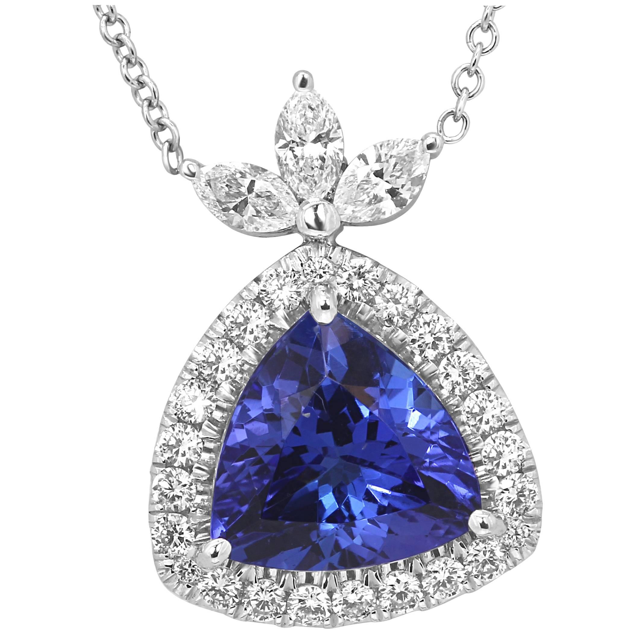 Tanzanite Diamond Halo Gold Drop Pendant Chain Necklace at 1stDibs