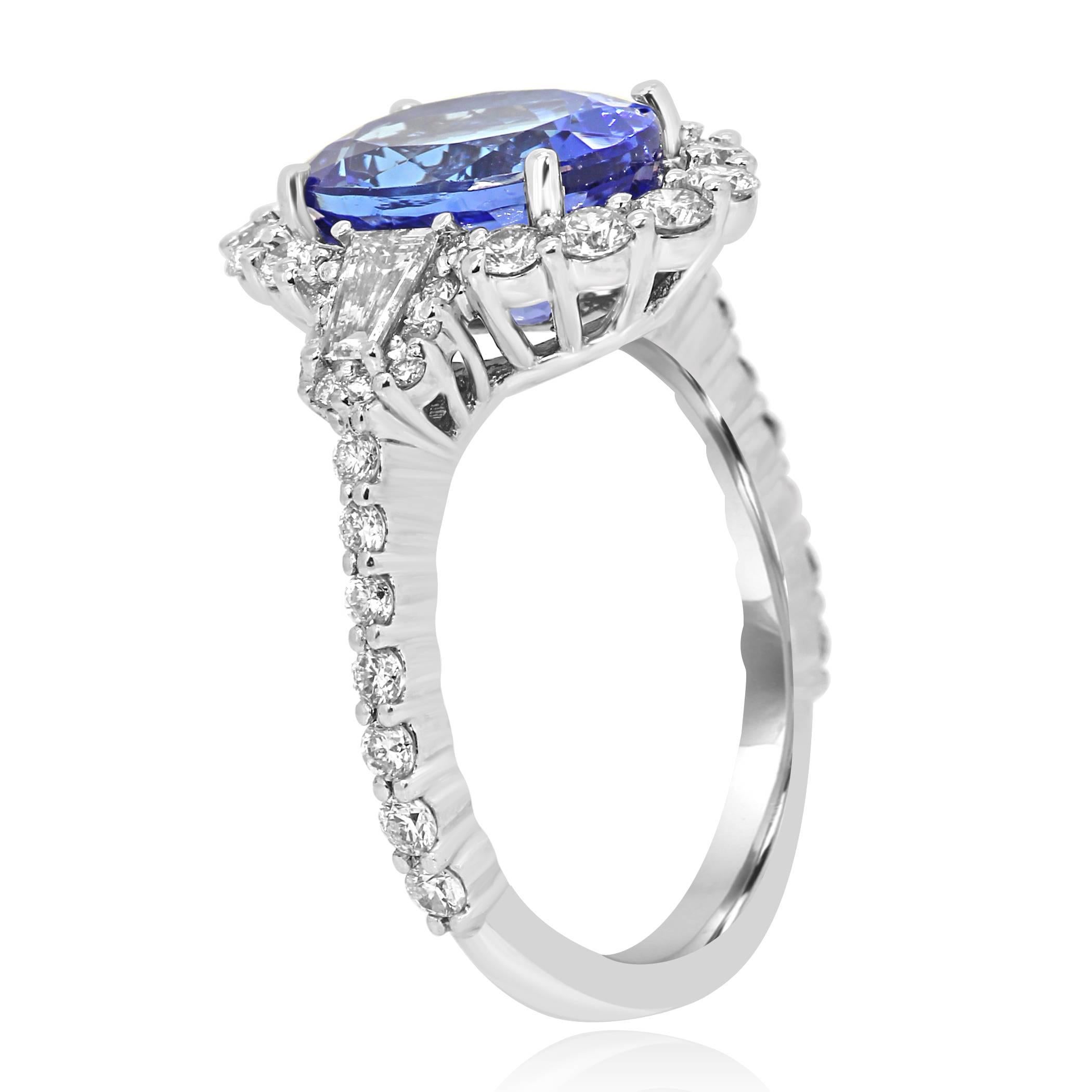 Tanzanite Oval White Diamond Halo Three Stone Bridal Cocktail Fashion Gold Ring In New Condition In NEW YORK, NY