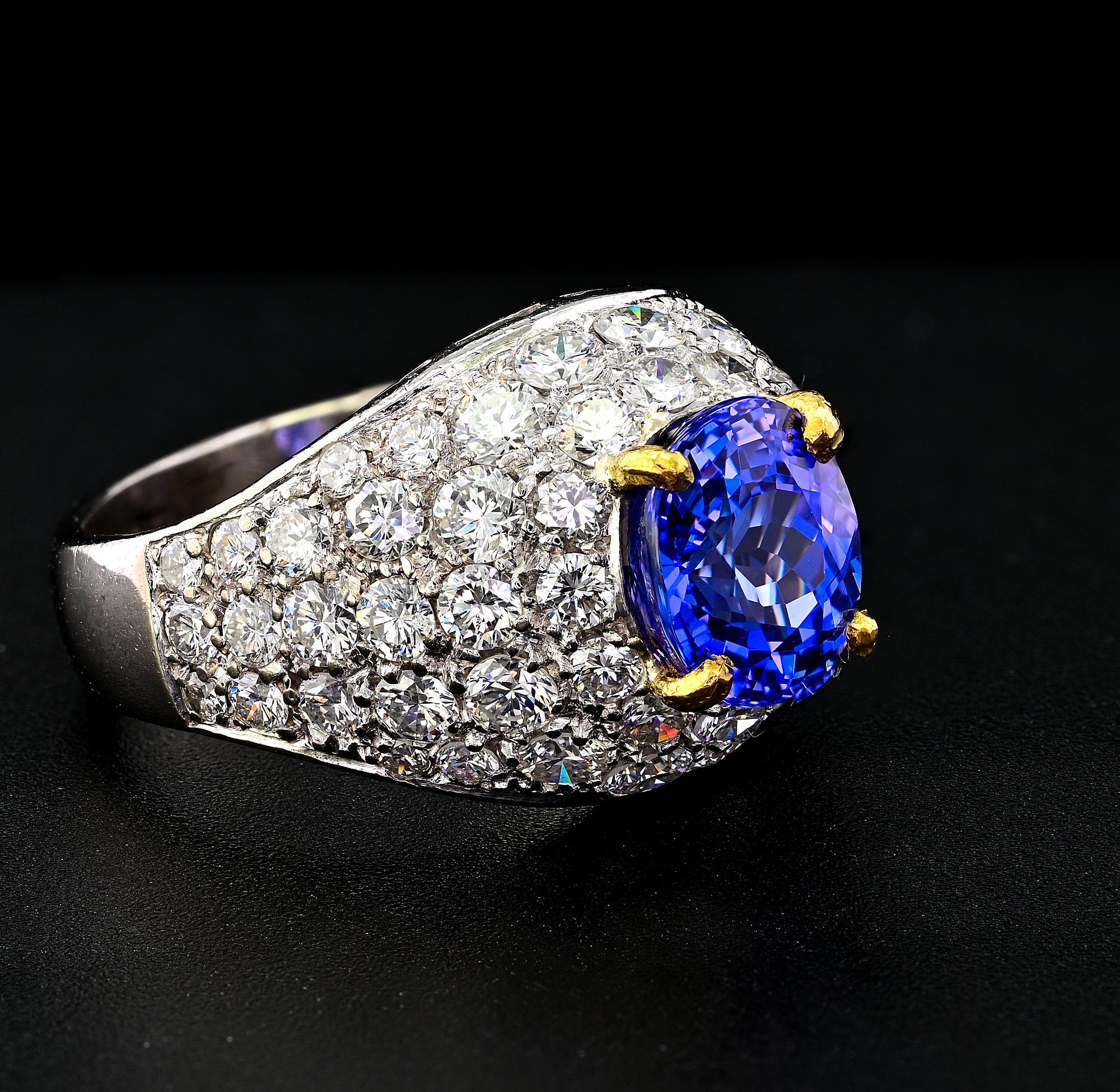 Oval Cut Tanzanite Diamond Mid Century Platinum Ring For Sale