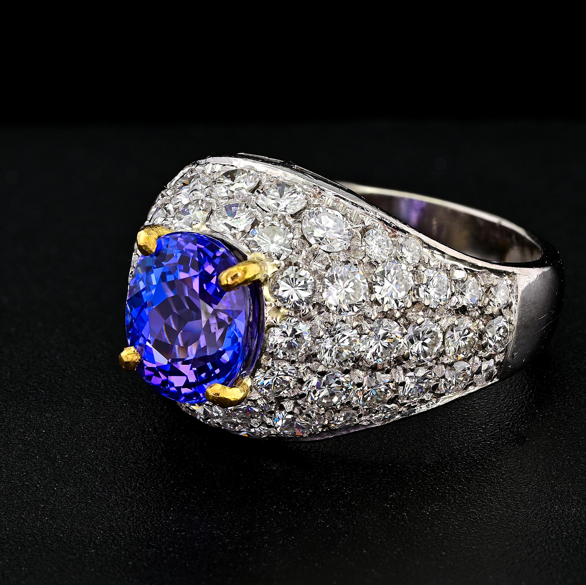 Women's Tanzanite Diamond Mid Century Platinum Ring For Sale