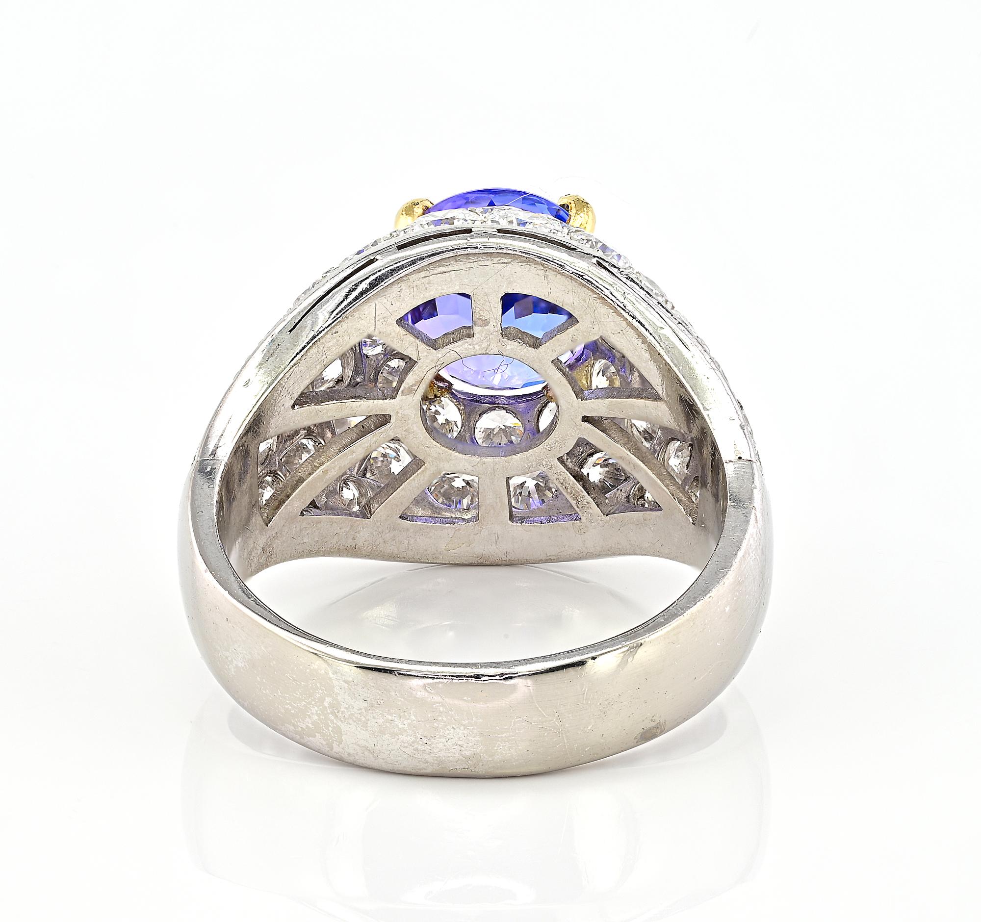 Tanzanite Diamond Mid Century Platinum Ring For Sale 1