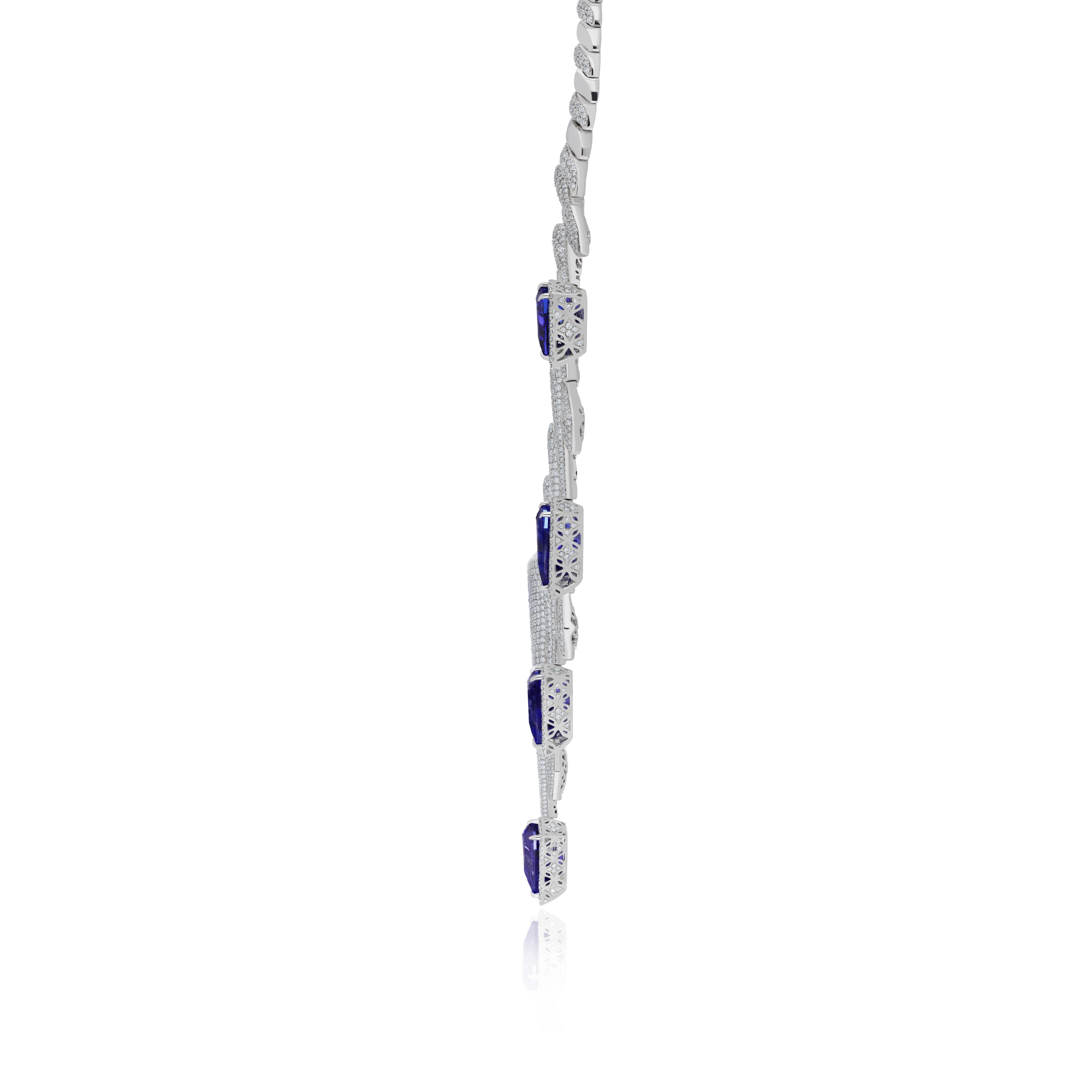 Mixed Cut Tanzanite & Diamond Necklace in 18k White Gold Handmade Necklace for Gift For Sale
