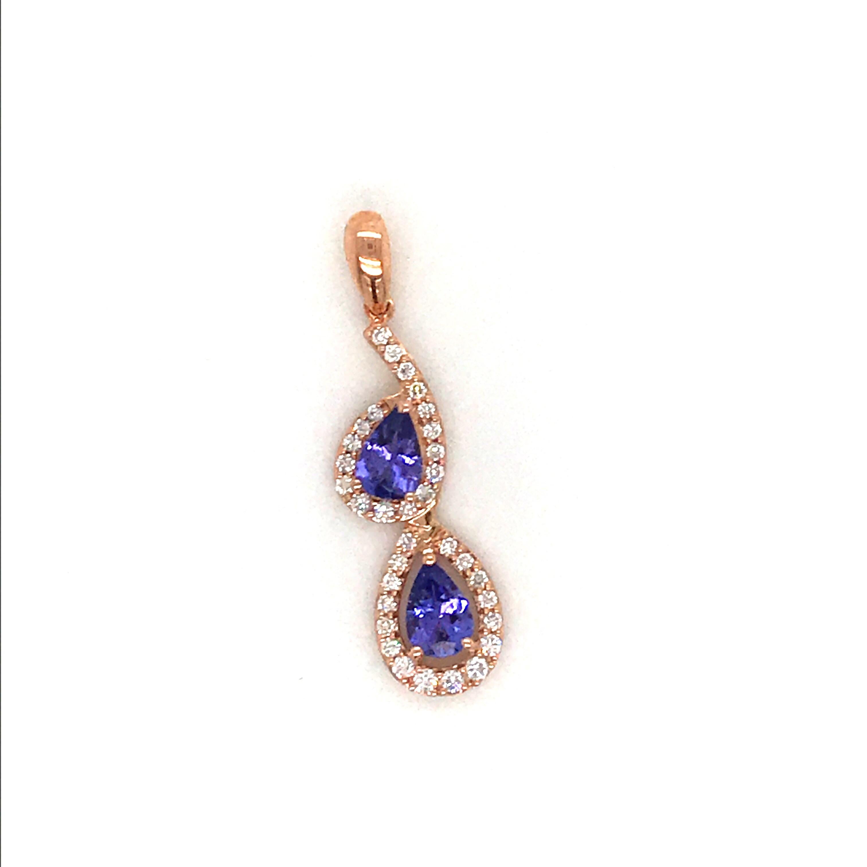 Pear Cut Tanzanite Diamond Pear Shape Drop Pendant 1.10 Carat 14 Karat Rose Gold