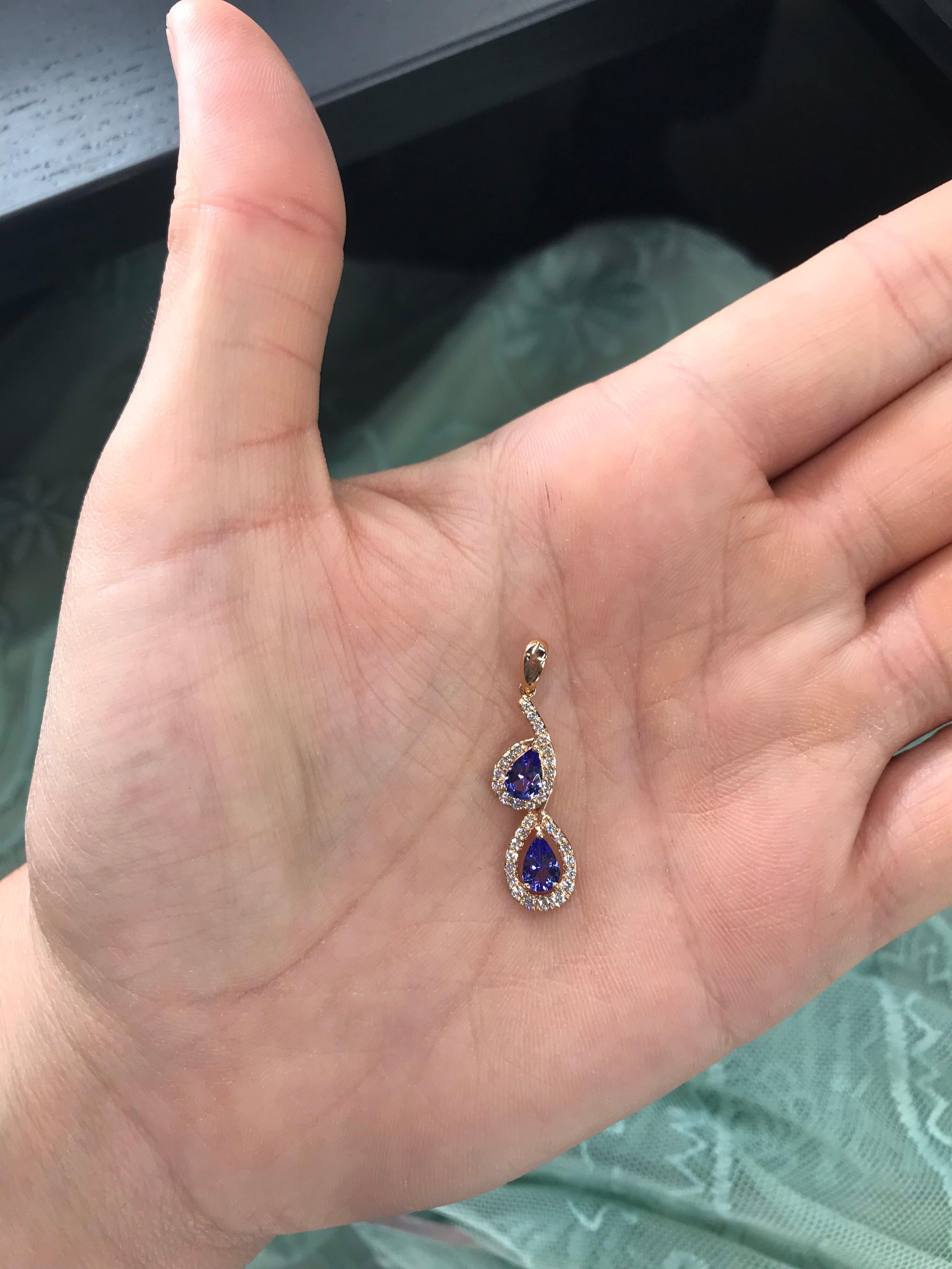 Women's Tanzanite Diamond Pear Shape Drop Pendant 1.10 Carat 14 Karat Rose Gold