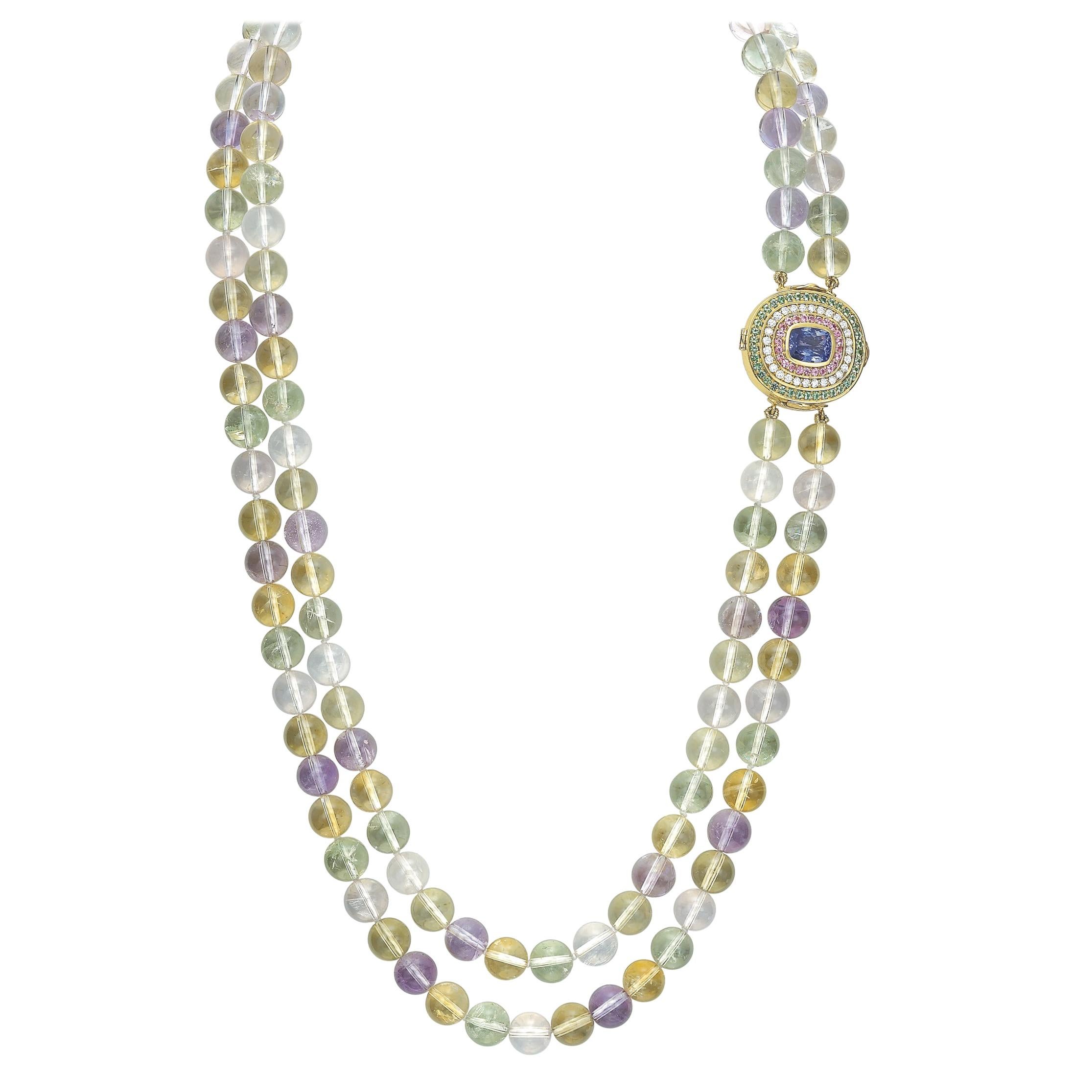 Halskette mit Tansanit, Diamant, rosa Saphir, grünem Turmalin und Spodumene