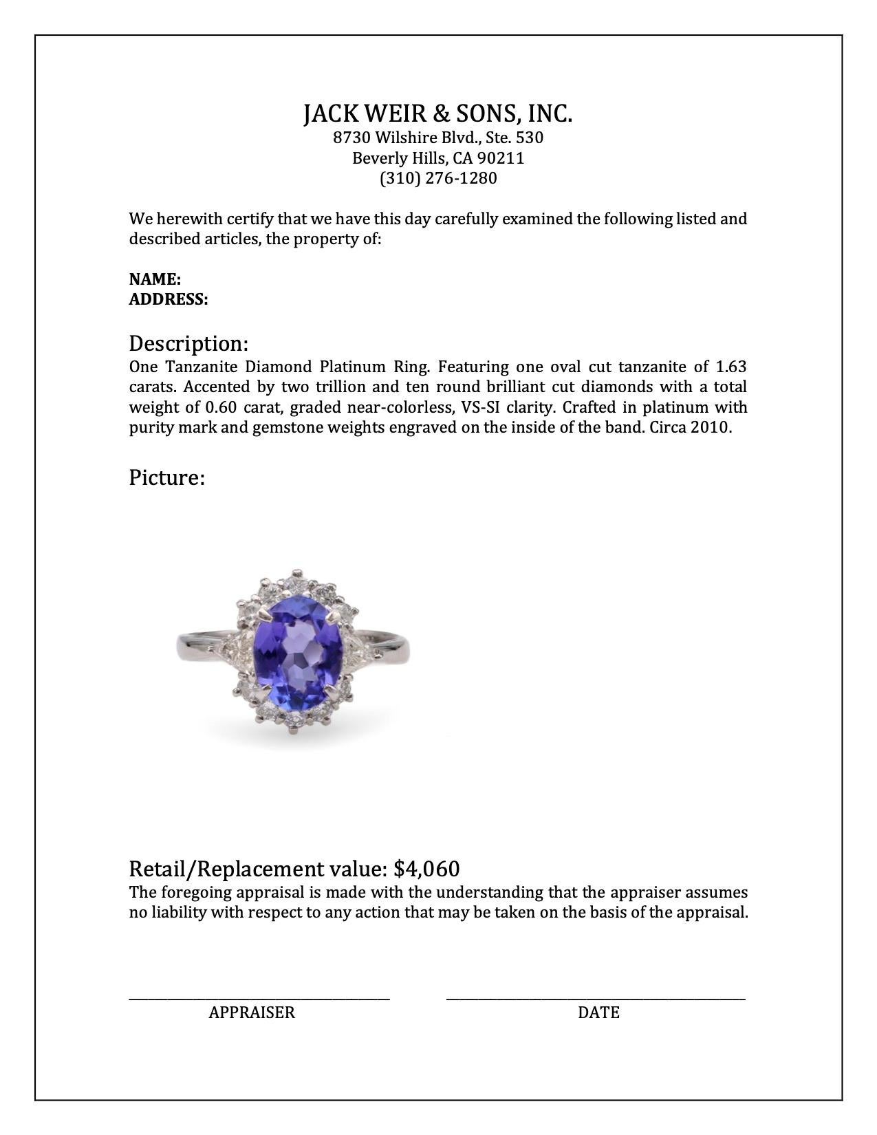 Women's or Men's Tanzanite Diamond Platinum Ring For Sale