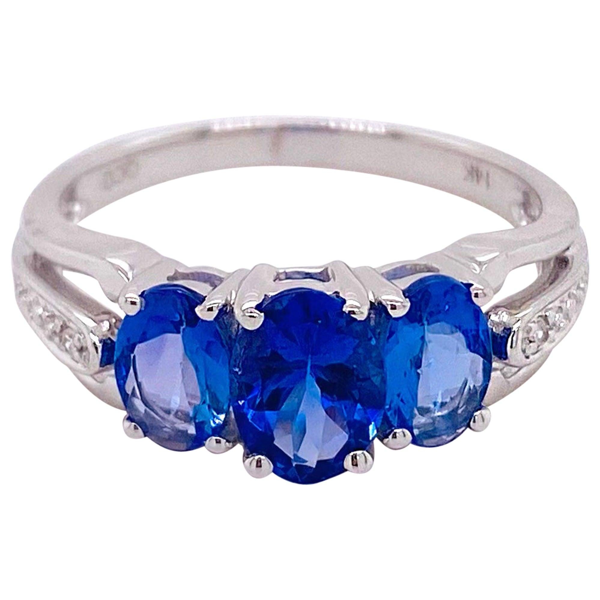 Tanzanite Diamond Ring 14 Karat White Gold Blue Three-Stone Ring 1.50 Carat