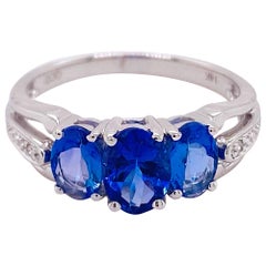 Tanzanite Diamond Ring 14 Karat White Gold Blue Three-Stone Ring 1.50 Carat