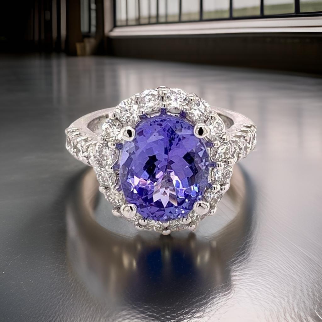 Oval Cut Tanzanite Diamond Ring 14k White Gold 5.30 TCW Certified For Sale