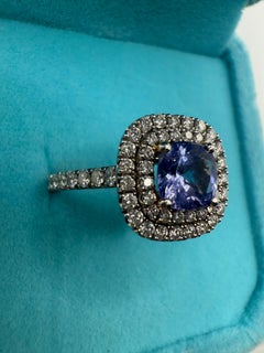 Tanzanite Diamond ring 14KT gold double halo ring design cushion diamond ring