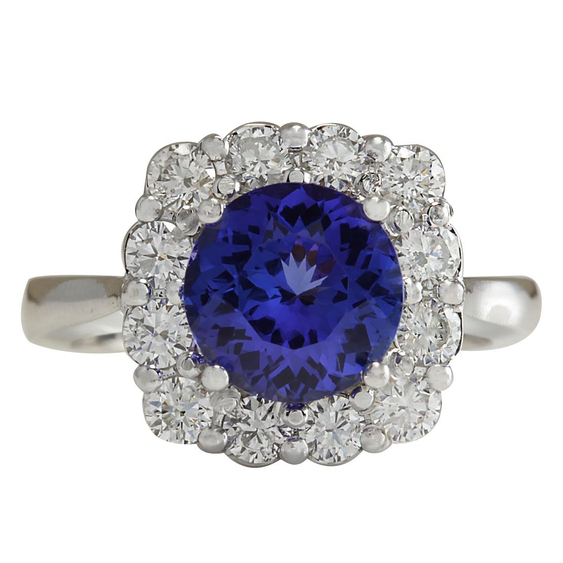 Round Cut Tanzanite Diamond Ring In 14 Karat White Gold  For Sale