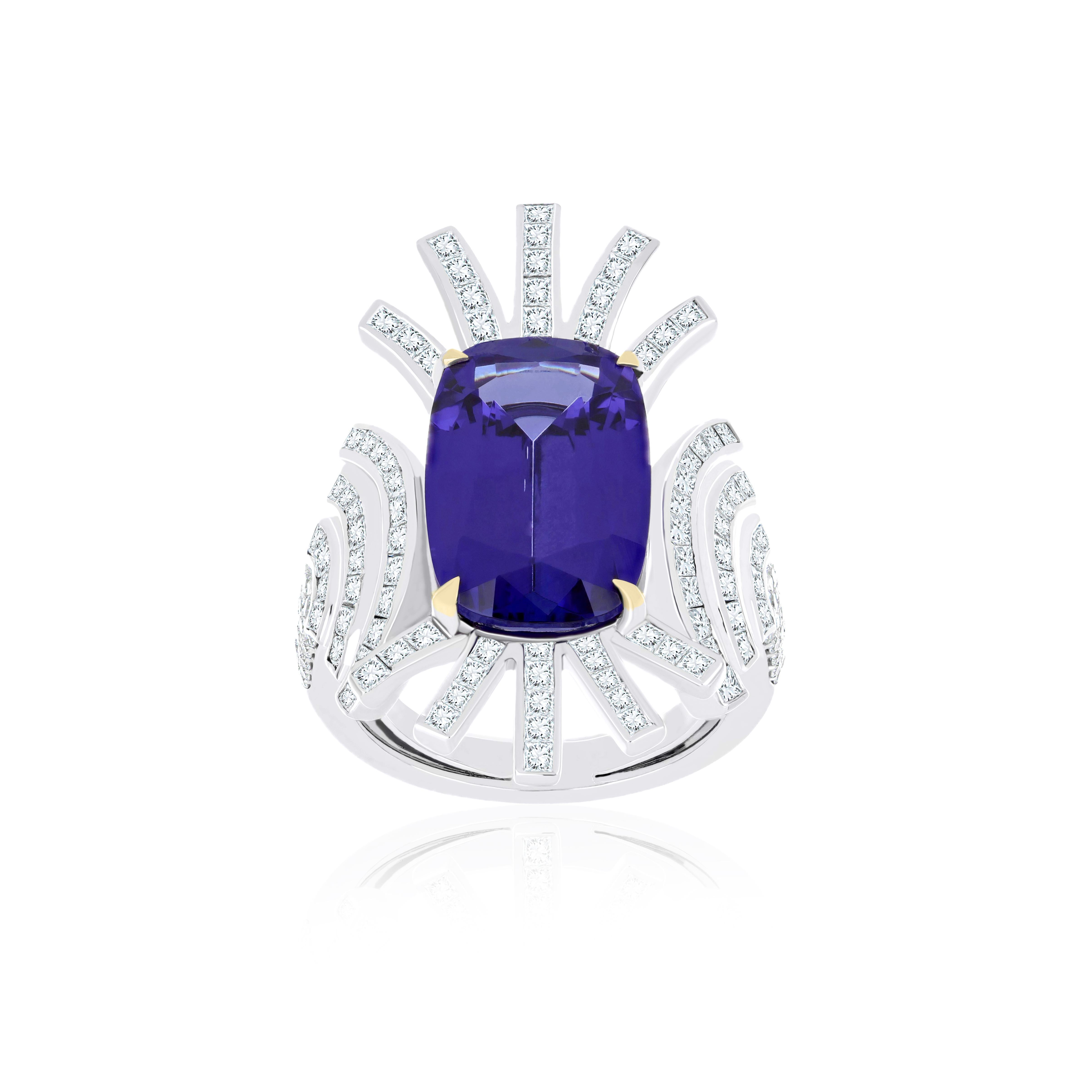 Tanzanite, & Diamond Ring in 18K White Gold Ring In New Condition For Sale In JAIPUR, IN