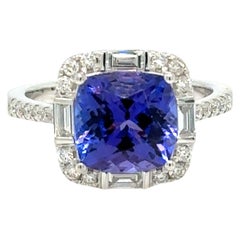 9mm, Tanzanite Diamond ring in Cushion-shape 14K White Gold