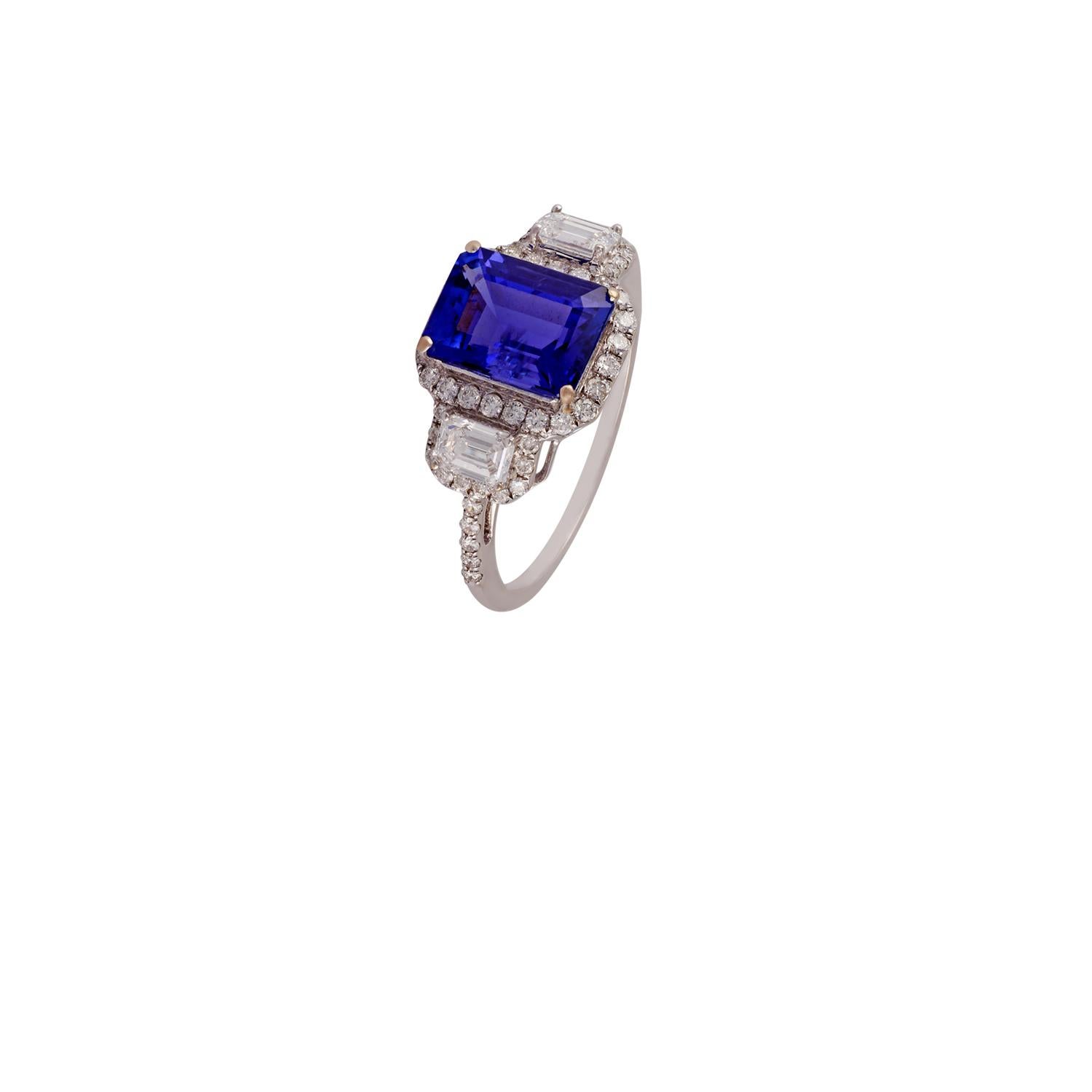 Octagon Cut Tanzanite & Diamond Ring Studded in 18K Gold For Sale
