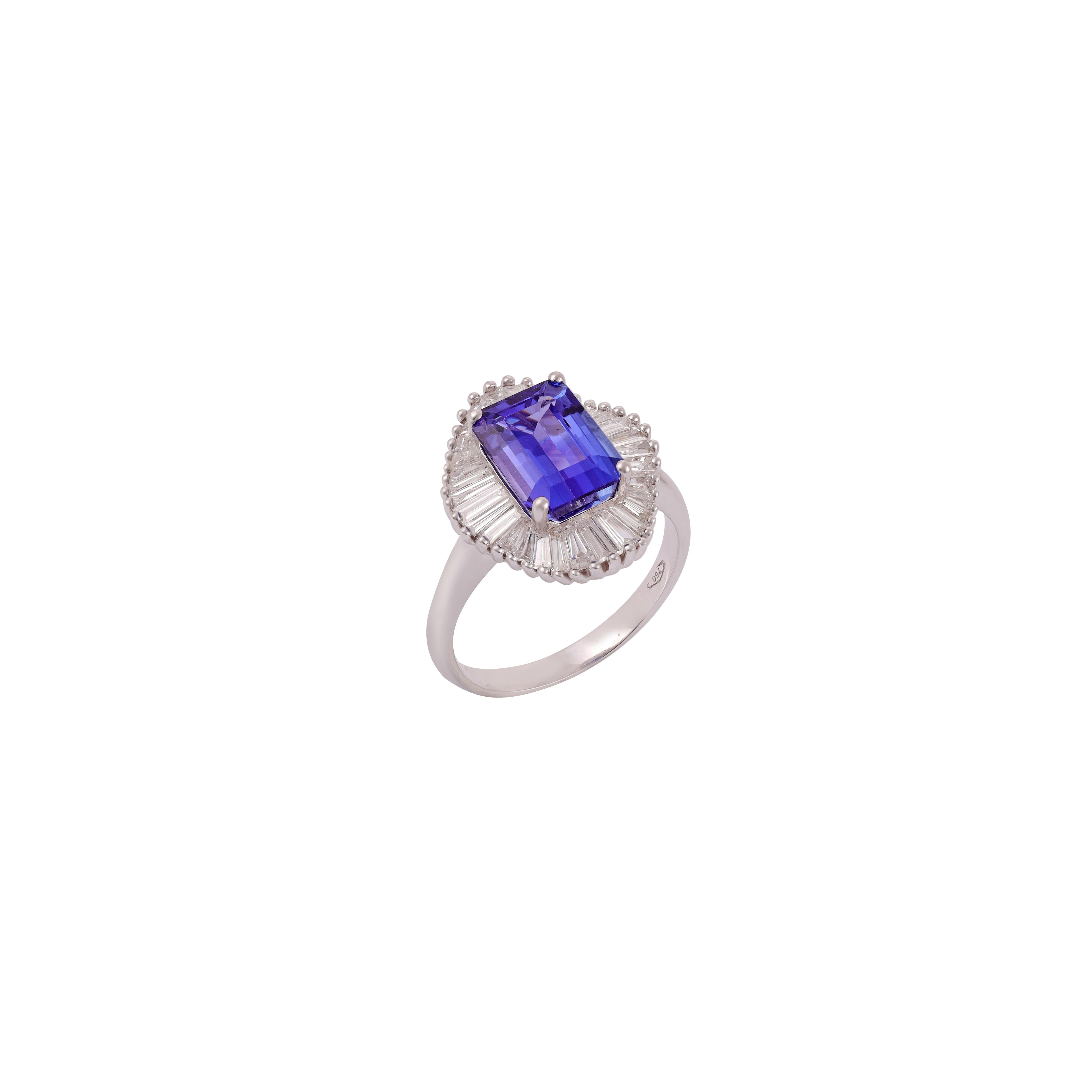 Radiant Cut Tanzanite & Diamond Ring Studded in 18k White Gold For Sale