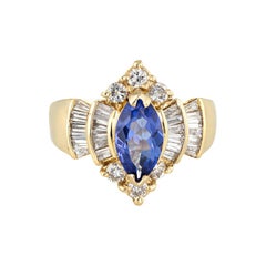Tanzanite Diamond Ring Vintage Marquise Shape 14k Yellow Gold Estate Jewelry