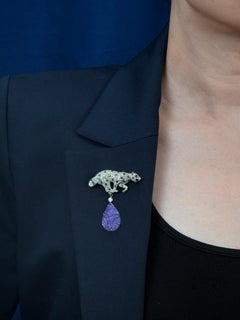 Tanzanite Diamond Ruby Emerald Art Deco Style Panther Brooch-Pendant in 18K Gold