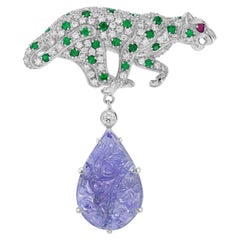 Tanzanite Diamond Ruby Emerald Art Deco Style Panther Brooch-Pendant in 18K Gold