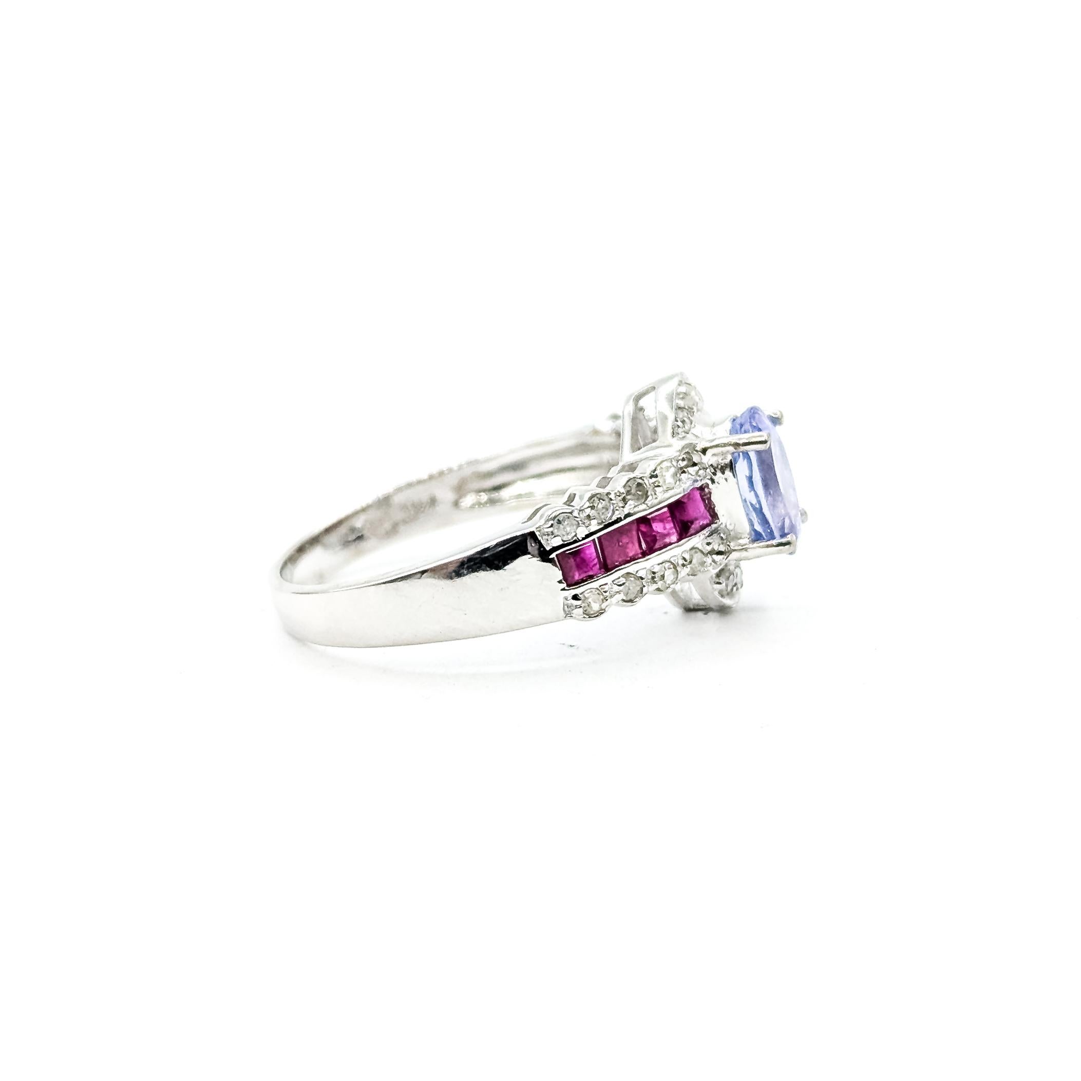 Tanzanite, Diamond & Ruby Ring in 14k white gold in vendita 1