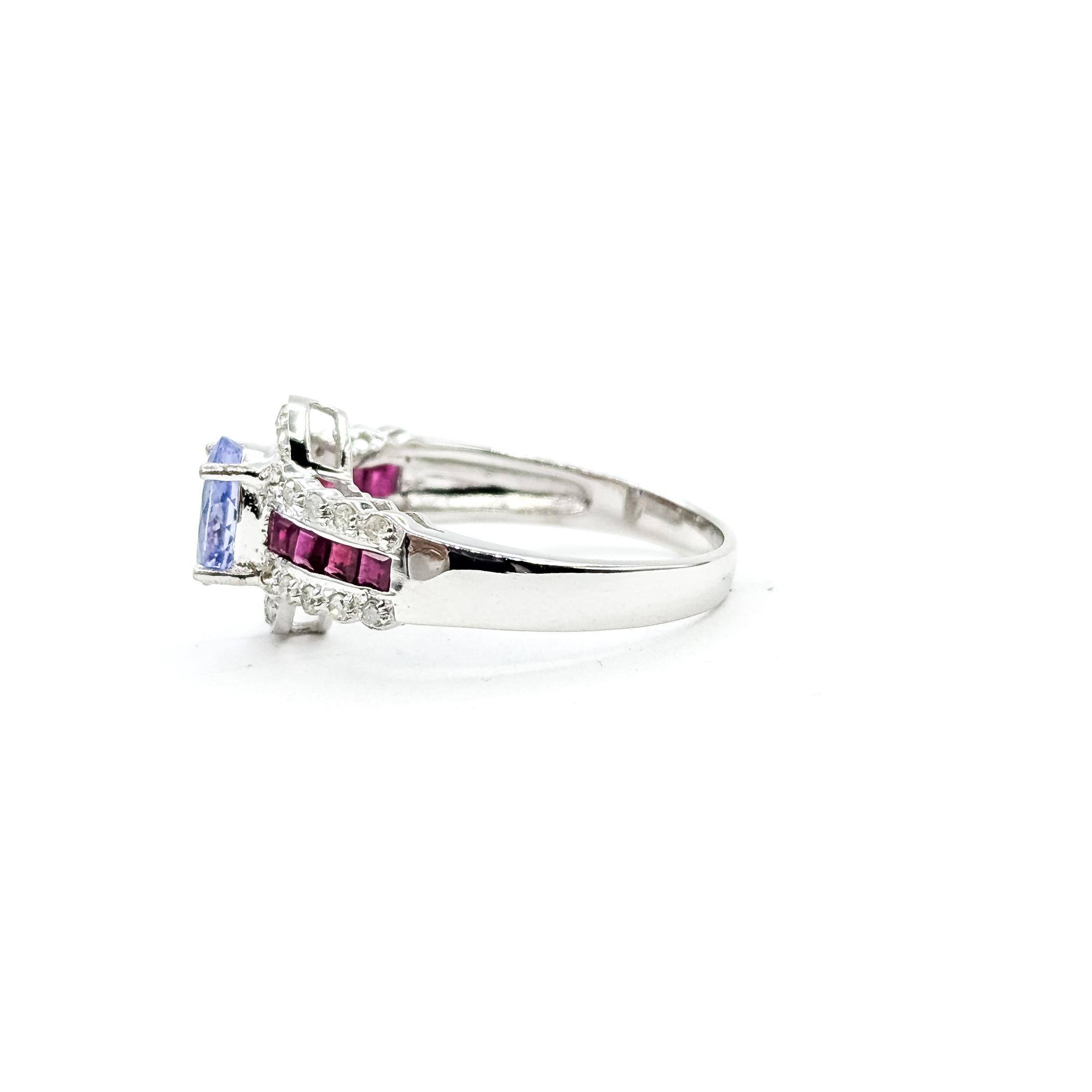 Tanzanite, Diamond & Ruby Ring in 14k white gold in vendita 3