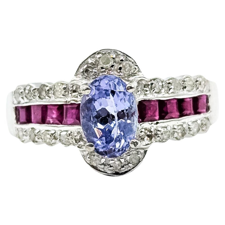 Tanzanite, Diamond & Ruby Ring in 14k white gold