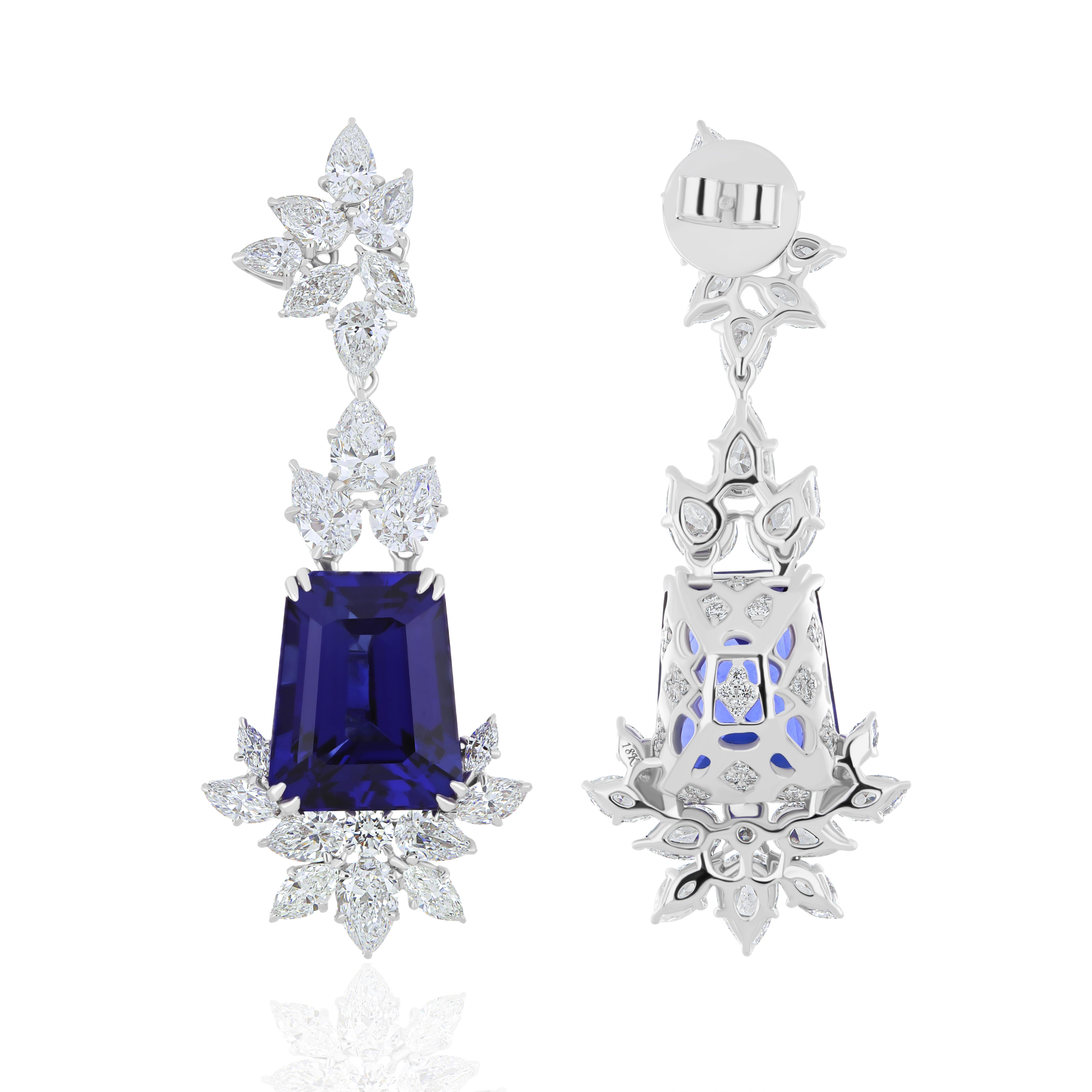 Mixed Cut Tanzanite & Diamond set Hand Crafted Earring in 18 Karat White Gold  For Sale
