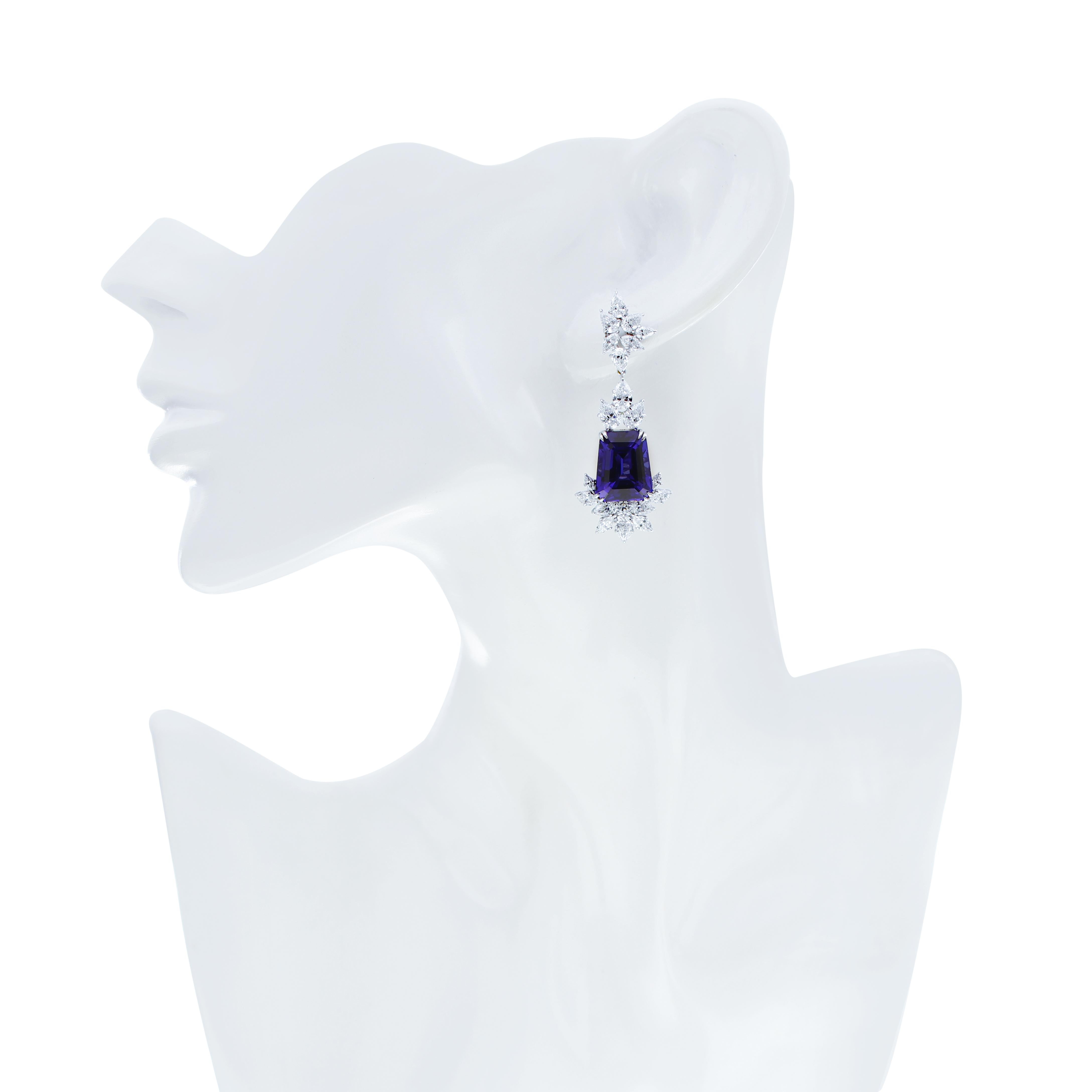 Tanzanite & Diamond set Hand Crafted Earring in 18 Karat White Gold  For Sale 1