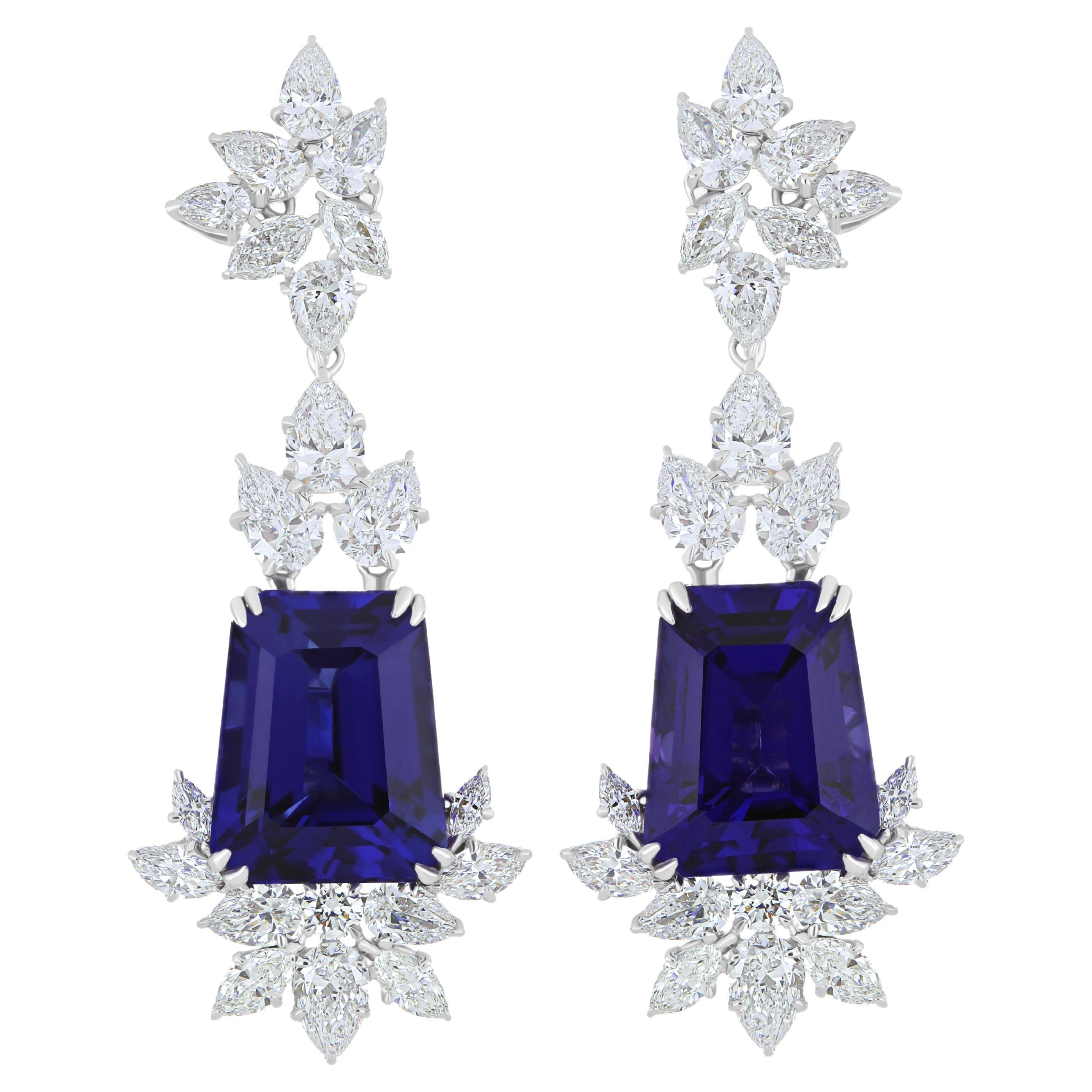 Tanzanite & Diamond set Hand Crafted Earring in 18 Karat White Gold  For Sale