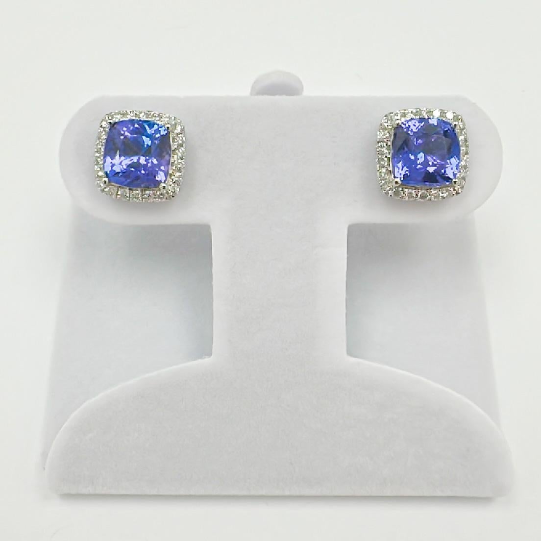 Modern 9mm Tanzanite Diamond set in 14K White Gold Earrings For Sale