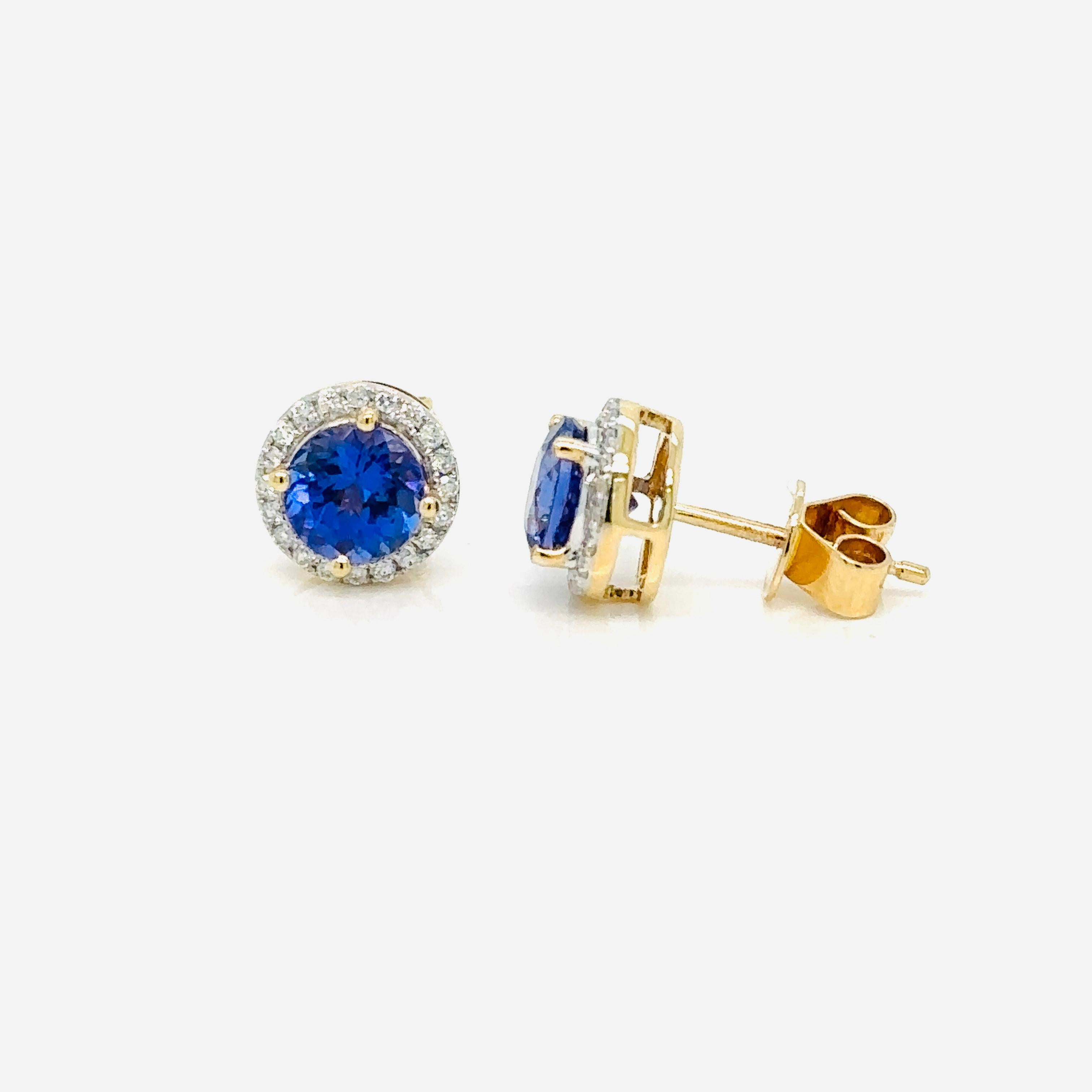 Modern 6mm, Tanzanite Diamond set in 14K Yellow Gold Earrings For Sale