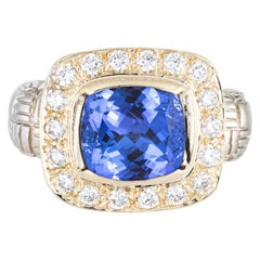 Tanzanite Diamond Square Ring Vintage 14 Karat Two-Tone Gold Estate Fine Jewelry