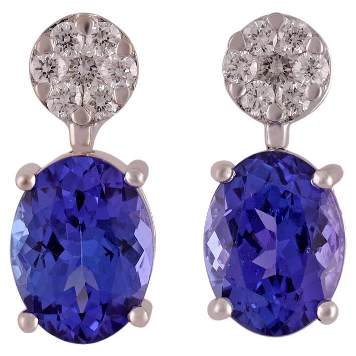 Tanzanite & Diamond Stud Earrings Studded in 18k White Gold For Sale