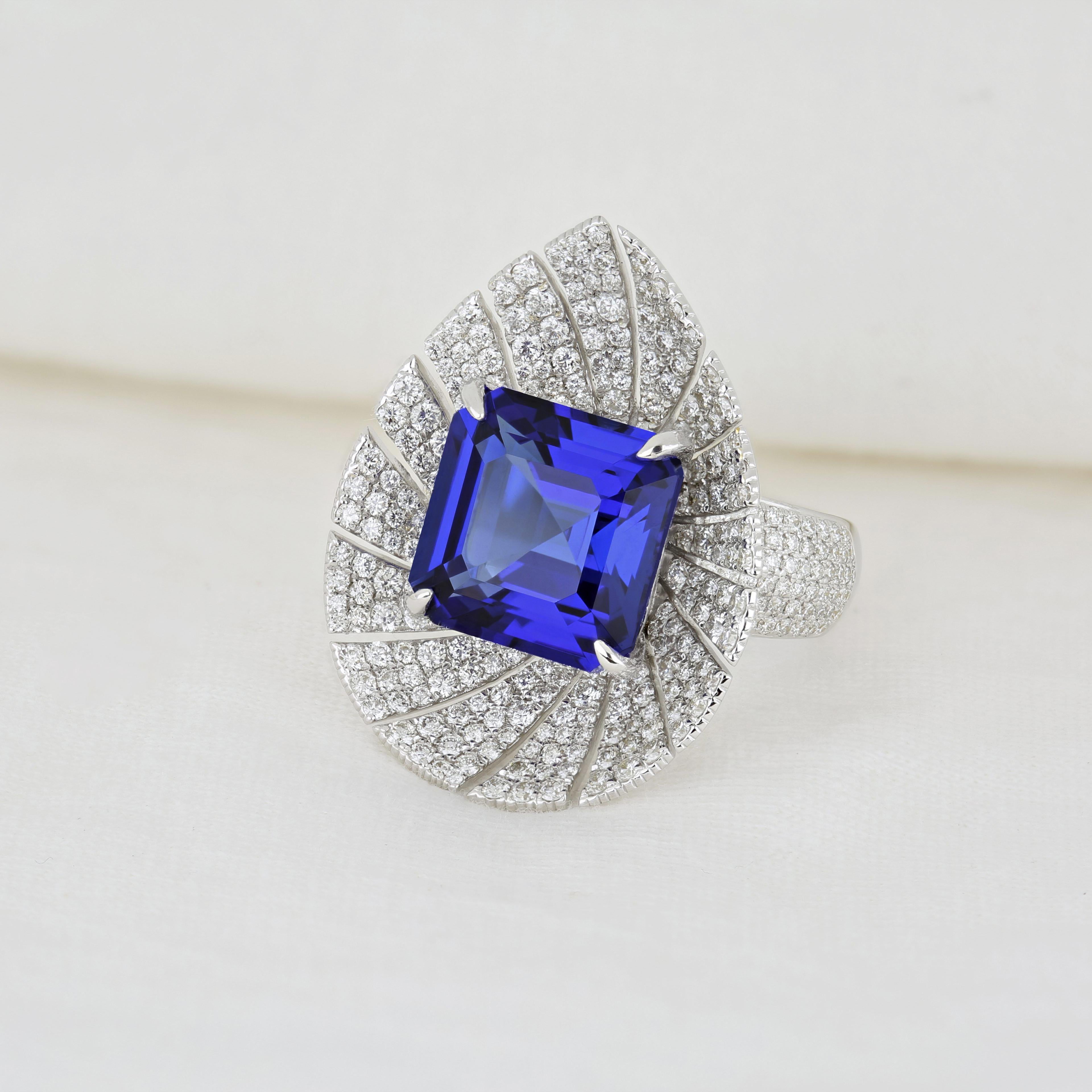 Tanzanite & Diamond Studded Ring in 18Karat White Gold Hand-craft Beautiful Ring For Sale 2