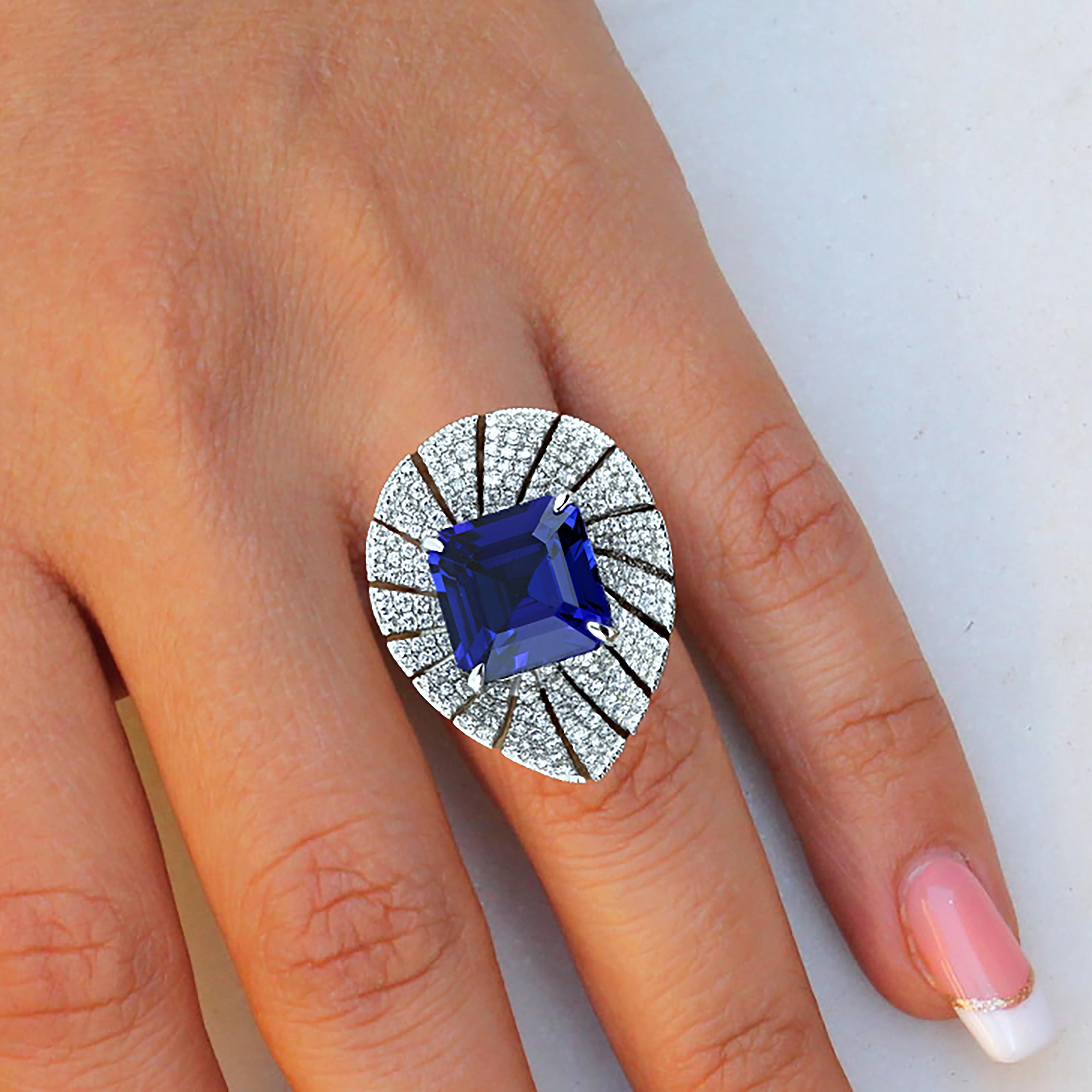 Tanzanite & Diamond Studded Ring in 18Karat White Gold Hand-craft Beautiful Ring For Sale 8