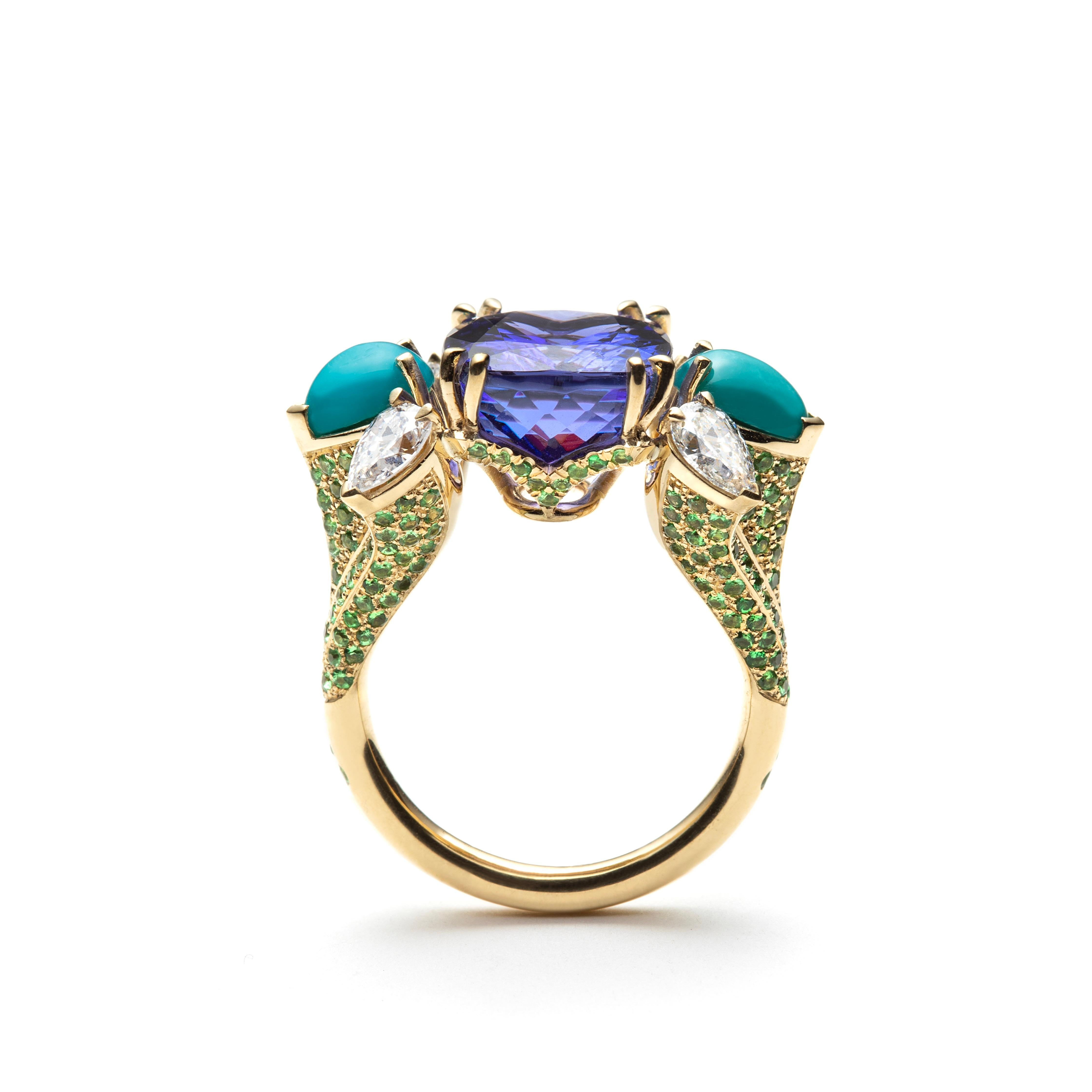 Contemporary Tanzanite, Diamond, Turquoise and Tsavorite Ring in 18K Yellow Gold by Serafino For Sale