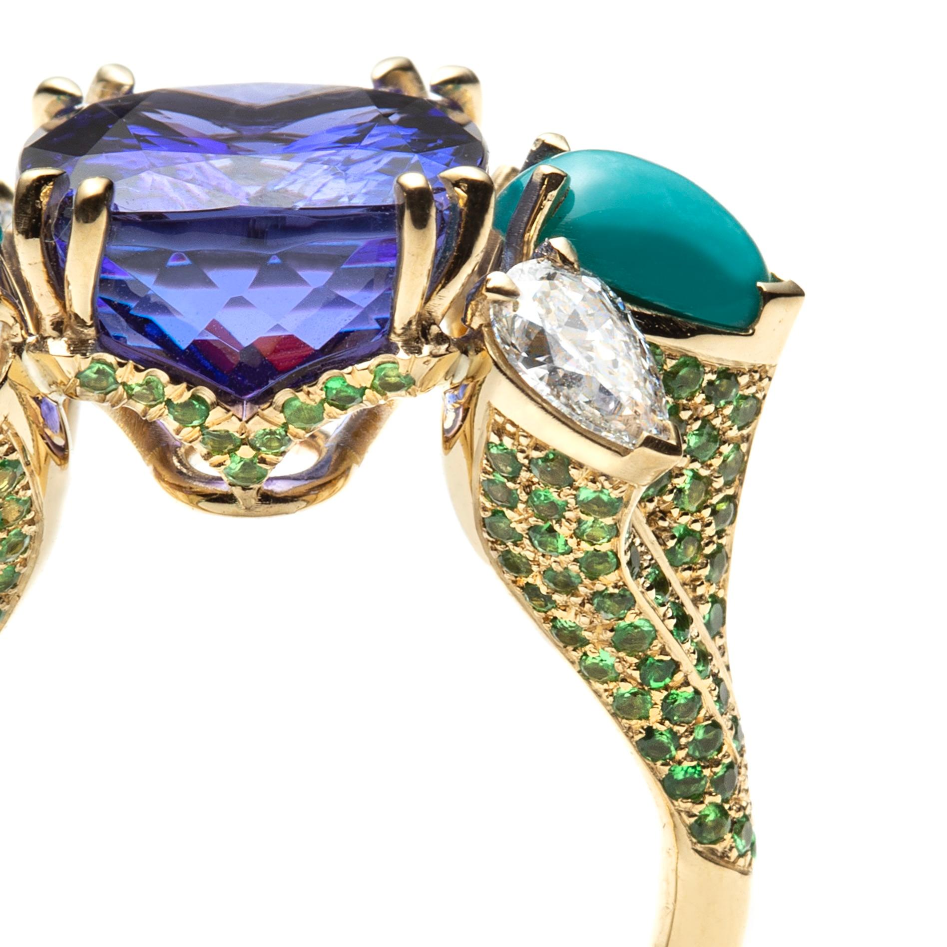 Mixed Cut Tanzanite, Diamond, Turquoise and Tsavorite Ring in 18K Yellow Gold by Serafino For Sale
