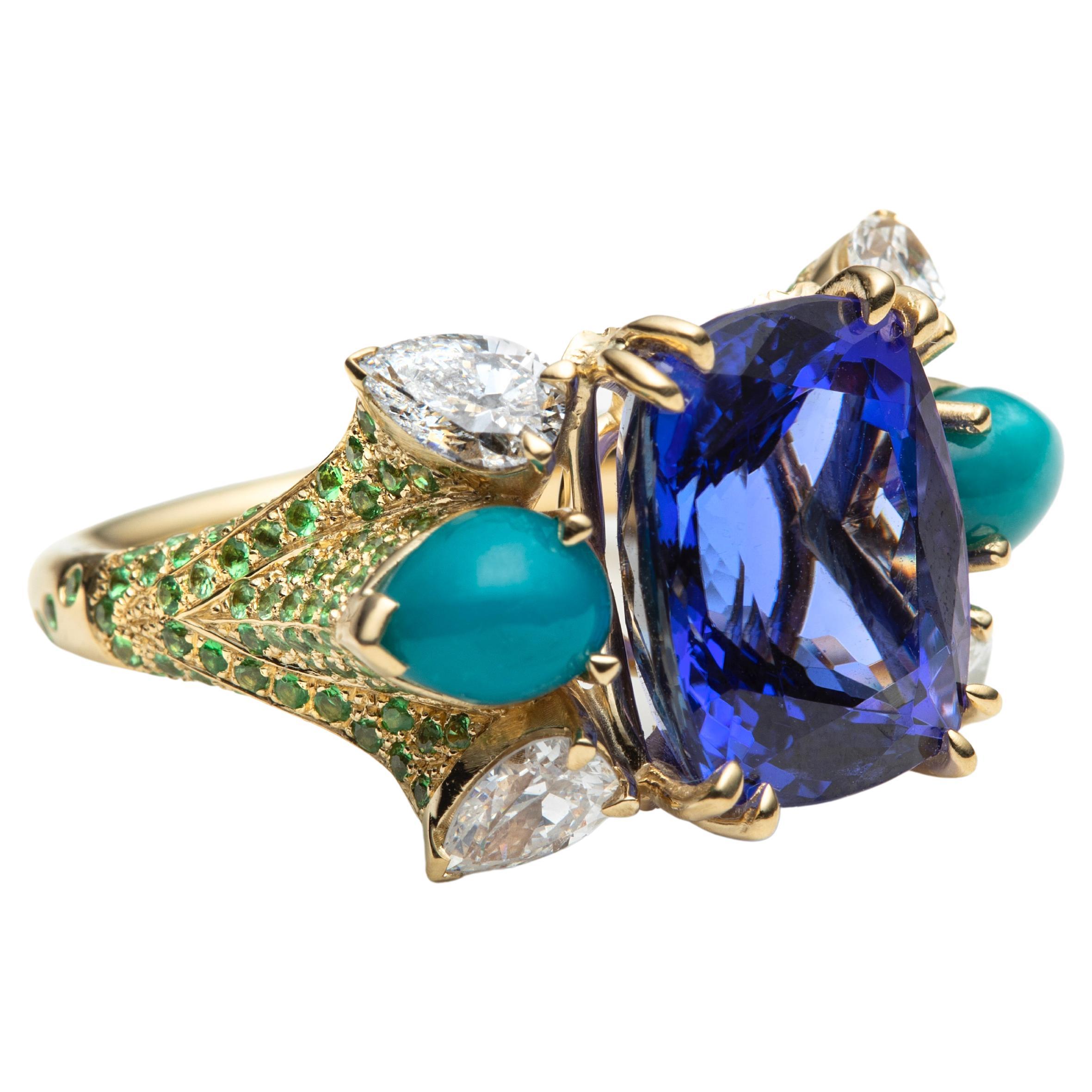 Tanzanite, Diamond, Turquoise and Tsavorite Ring in 18K Yellow Gold by Serafino For Sale