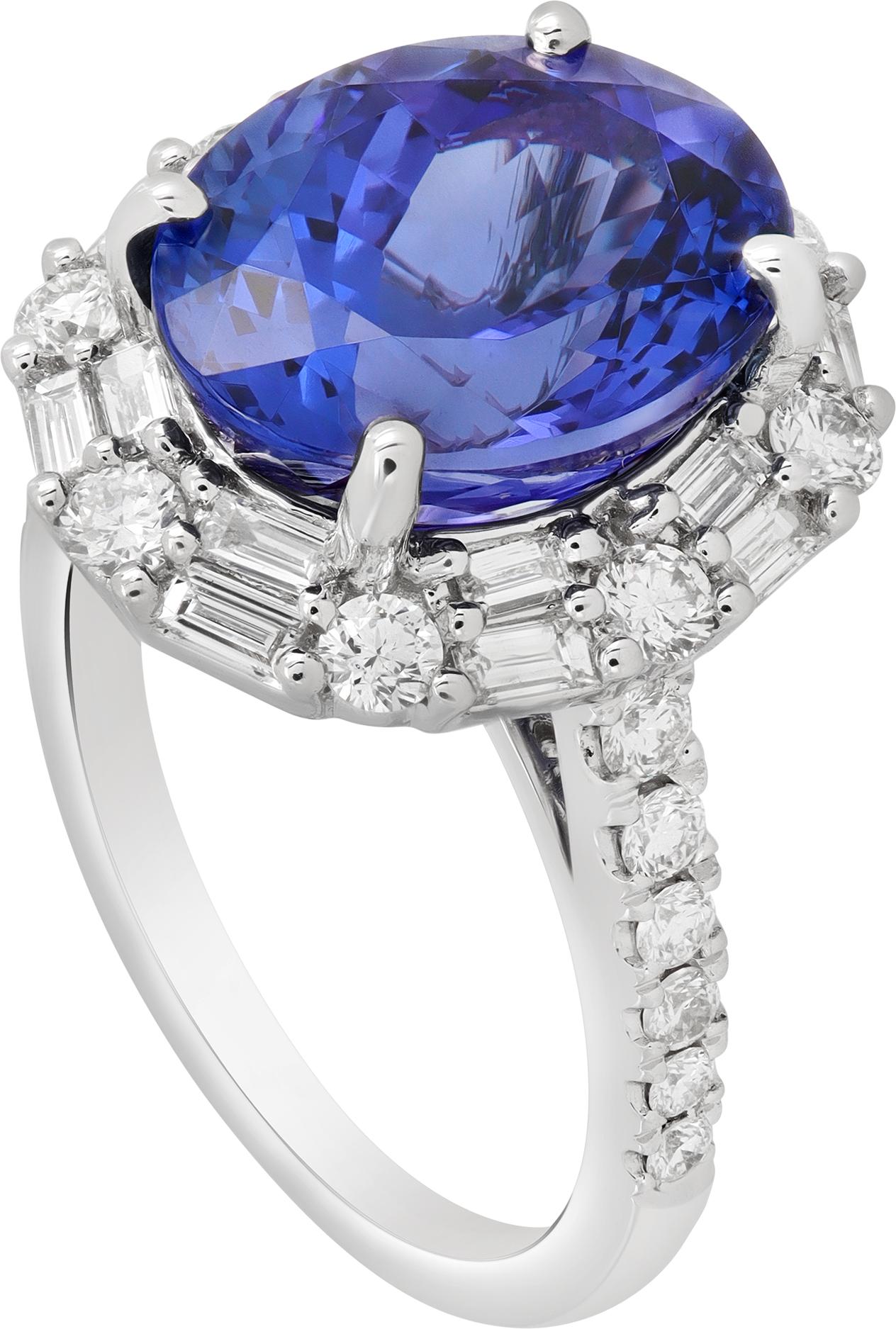 Anello con tanzanite e diamanti in oro bianco 18 carati con tanzanite centrale dal taglio ovale (7,05 carati) e circa 1,26 carati di diamanti rotondi e a baguette di colore medio G-H, purezza VS. Taglia 6 1/2.

Questo anello con tanzanite e diamanti