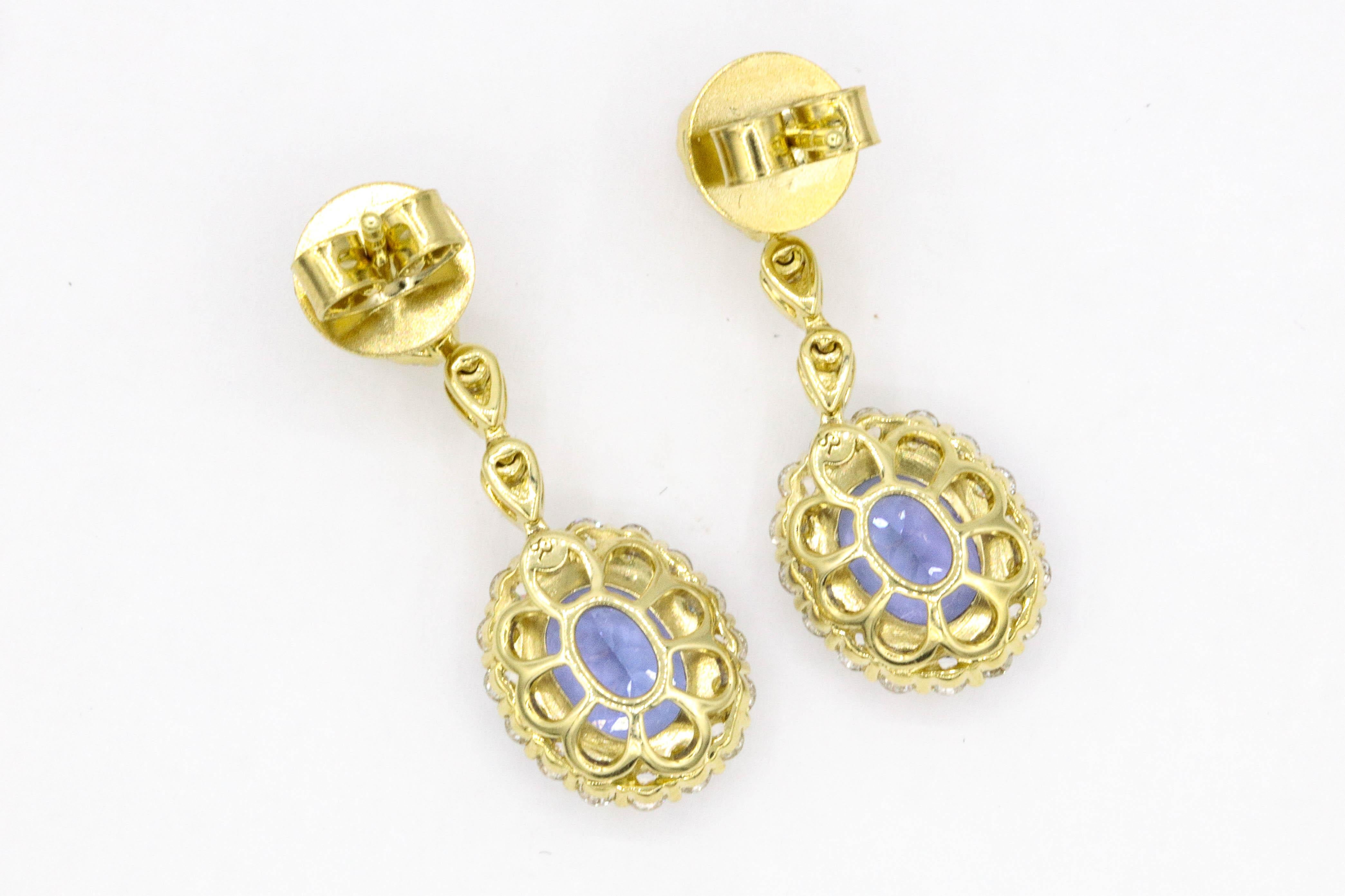 Oval Cut Tanzanite Diamond Yellow Gold Drop Earrings 4.43 Carat