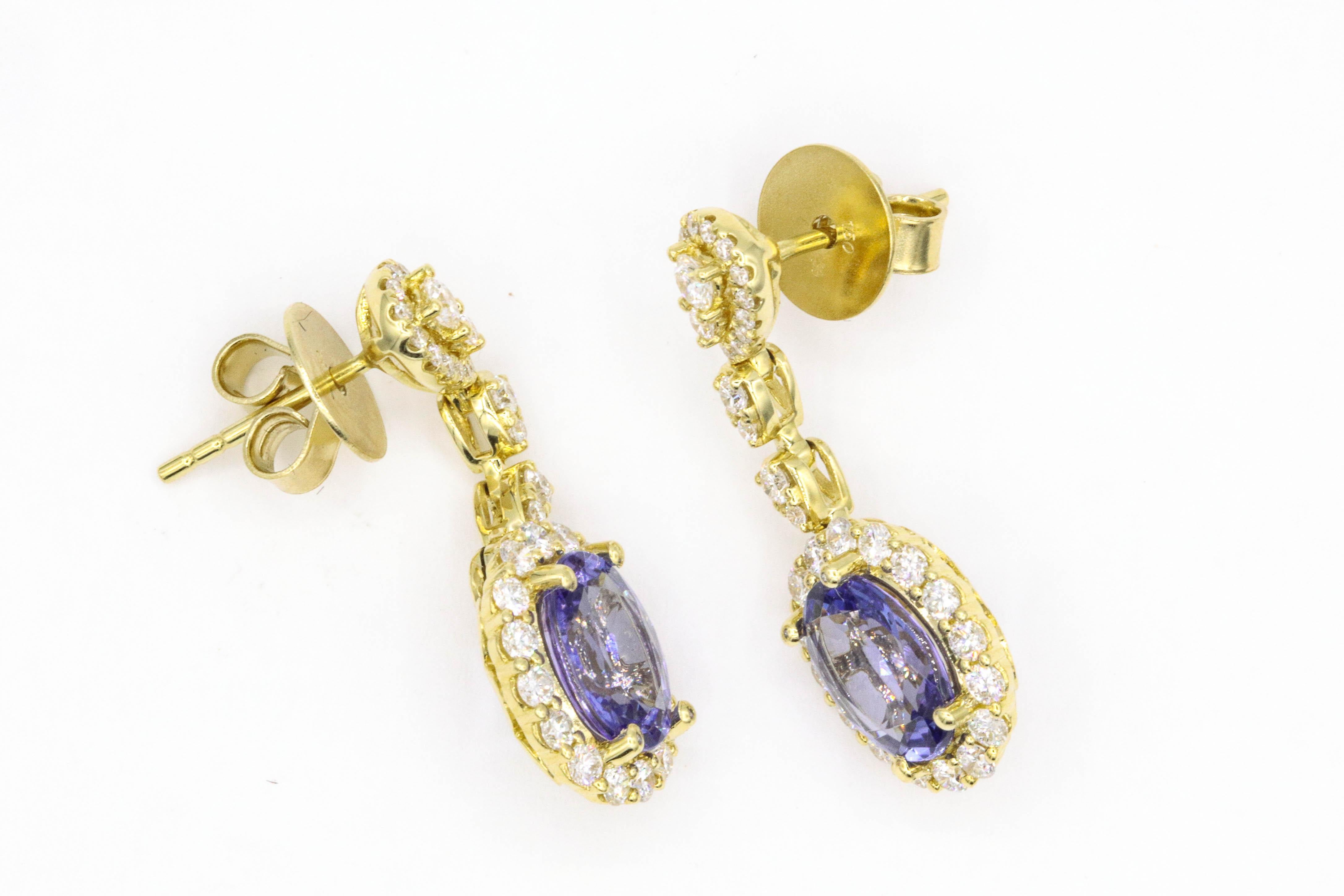 Tanzanite Diamond Yellow Gold Drop Earrings 4.43 Carat In New Condition In New York, NY
